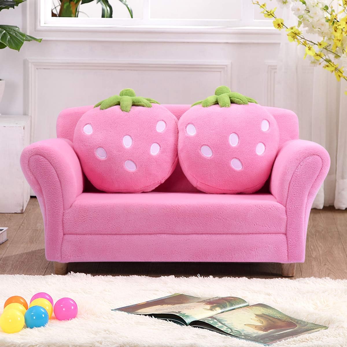 Costzon Kids Couch, Double Seat Pink Children's Sofa with 2 Strawberry Pillows, Toddler Armrest Chair for Bedroom, Living Room, Large Soft for Kids Loveseat Toy for Baby Girls Preschool Gifts Presents - Image 5
