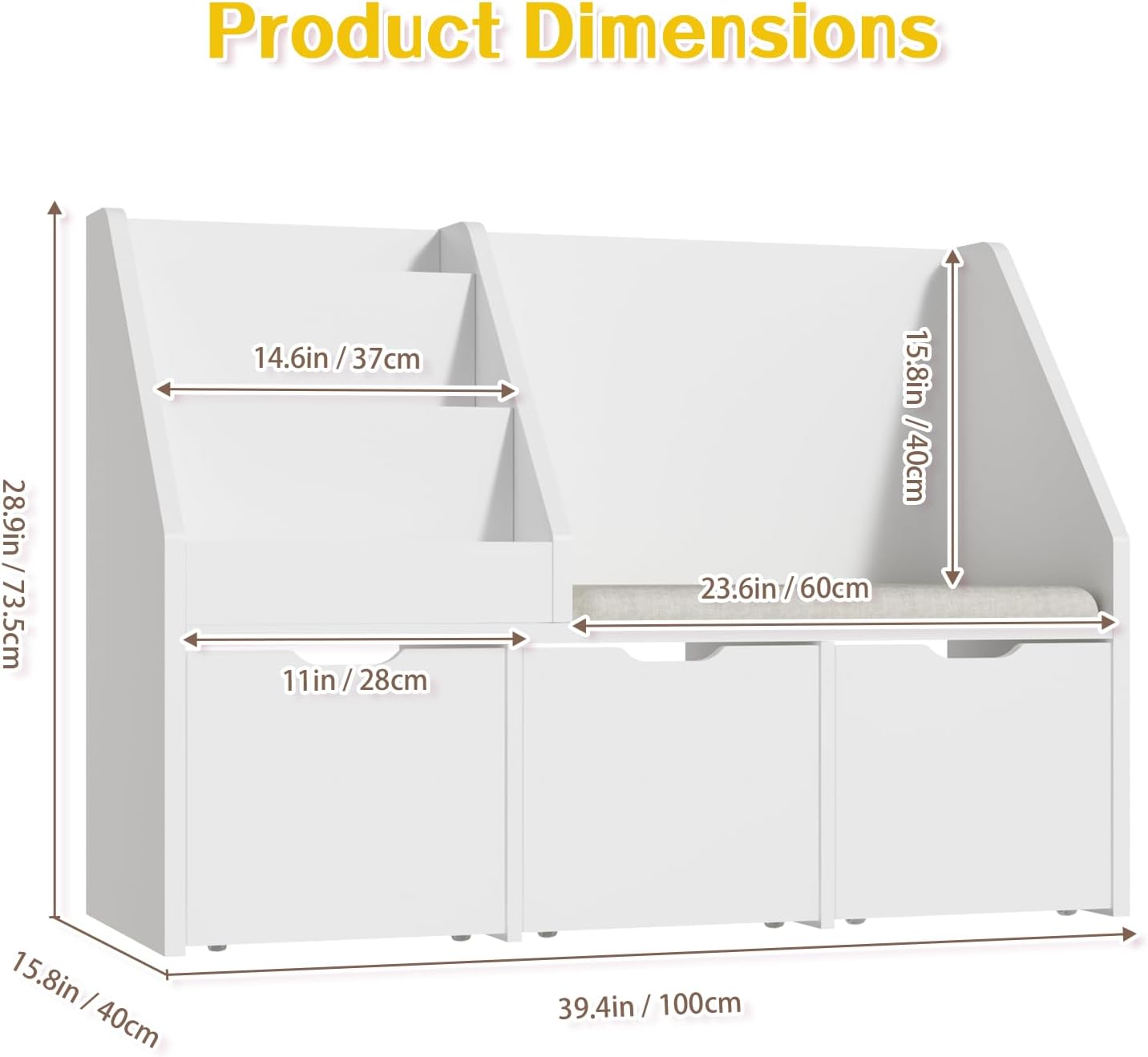 40" Kids Reading Nook with Bench, Toy Storage Organizer and Bookshelf with Seat Cushion, Kids Bookshelf with 3 Movable Drawers, Toy Storage Box on Wheels, Ideal for Nursery, Playroom, Bedroom, White
