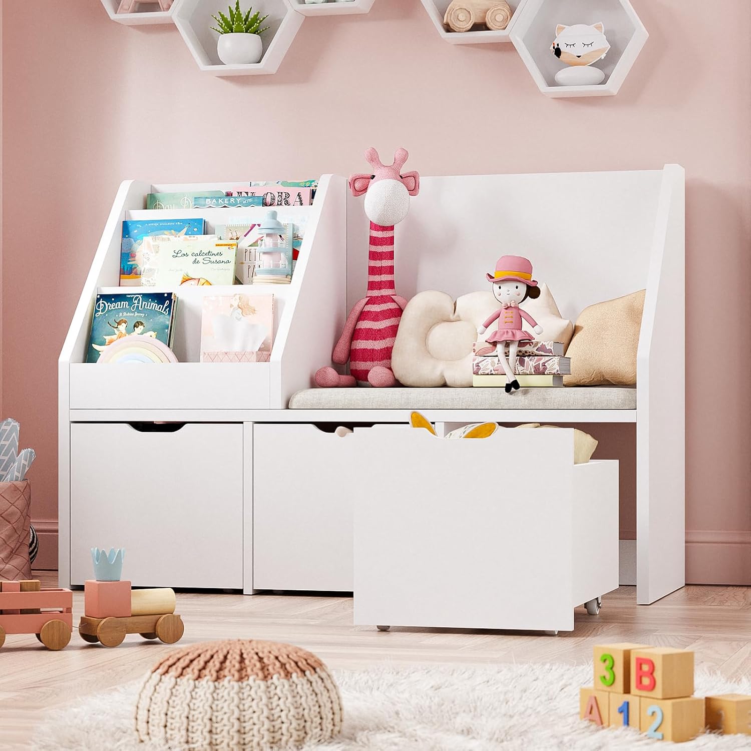 40" Kids Reading Nook with Bench, Toy Storage Organizer and Bookshelf with Seat Cushion, Kids Bookshelf with 3 Movable Drawers, Toy Storage Box on Wheels, Ideal for Nursery, Playroom, Bedroom, White - Image 3