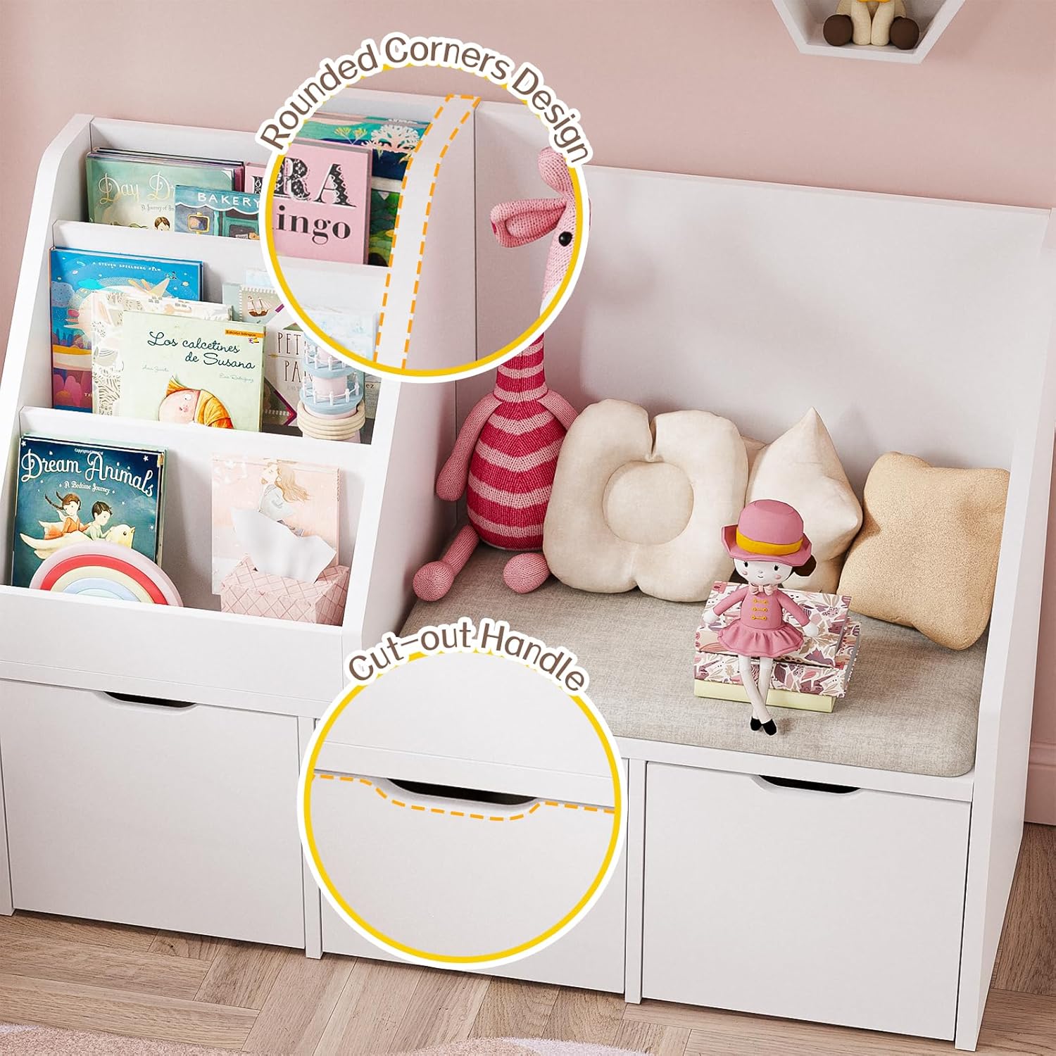 40" Kids Reading Nook with Bench, Toy Storage Organizer and Bookshelf with Seat Cushion, Kids Bookshelf with 3 Movable Drawers, Toy Storage Box on Wheels, Ideal for Nursery, Playroom, Bedroom, White - Image 4