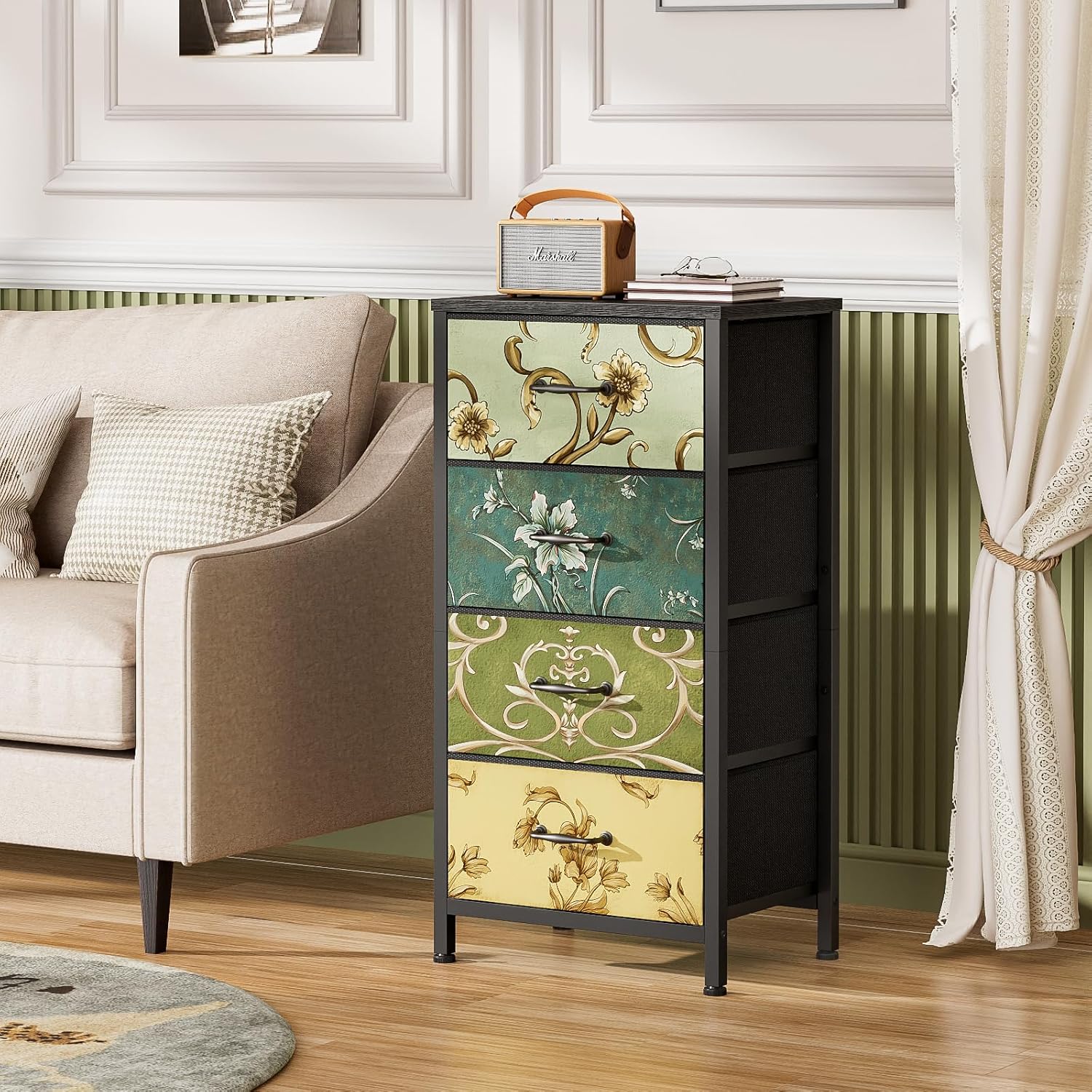 Furnulem 4 Drawer Dresser, Vertical Nightstand for Kids, Adult, Fabric Chest of Drawers for Bedroom, Living Room, Closet, Nusery, Storage Tower Unit Retro Style Furniture, Wood Desk Top - Image 4