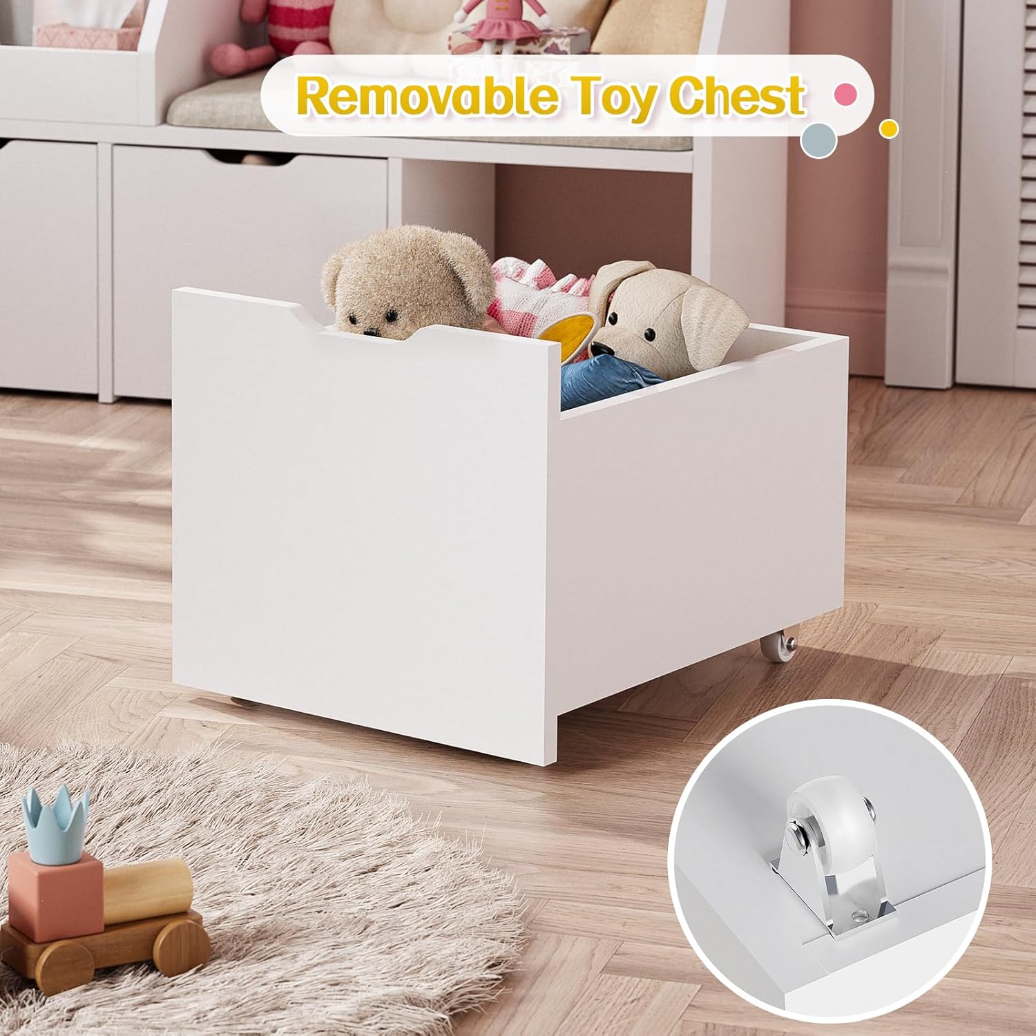40" Kids Reading Nook with Bench, Toy Storage Organizer and Bookshelf with Seat Cushion, Kids Bookshelf with 3 Movable Drawers, Toy Storage Box on Wheels, Ideal for Nursery, Playroom, Bedroom, White - Image 6