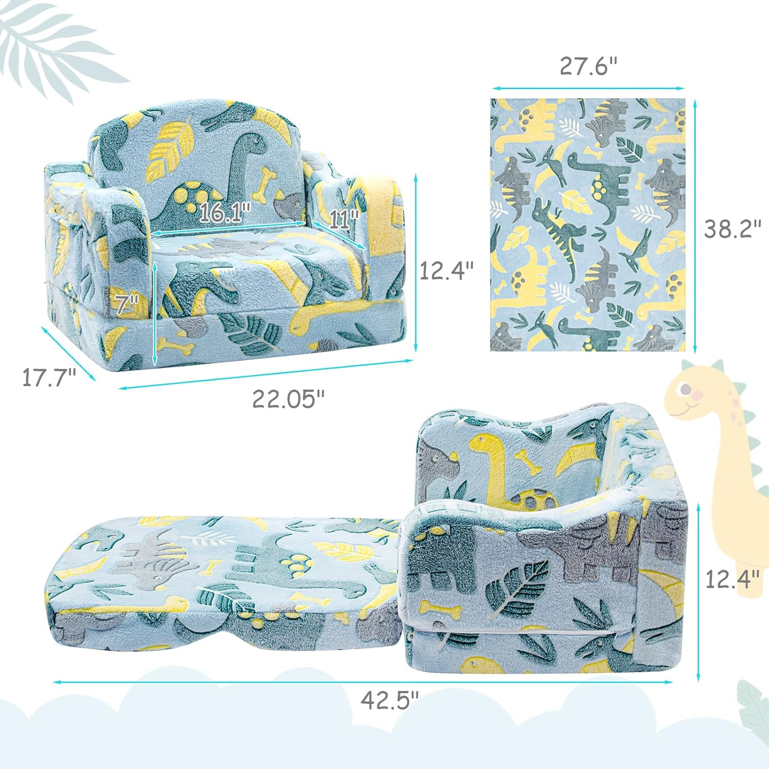 Airpanda Comfy Toddler Chair and Couch for Kids with Blanket,2-in-1 Soft Plush Fold Out Toddler Couch for Girls and Boys,Convertible Sofa to Lounger for Playroom,Glowing Dinosaur