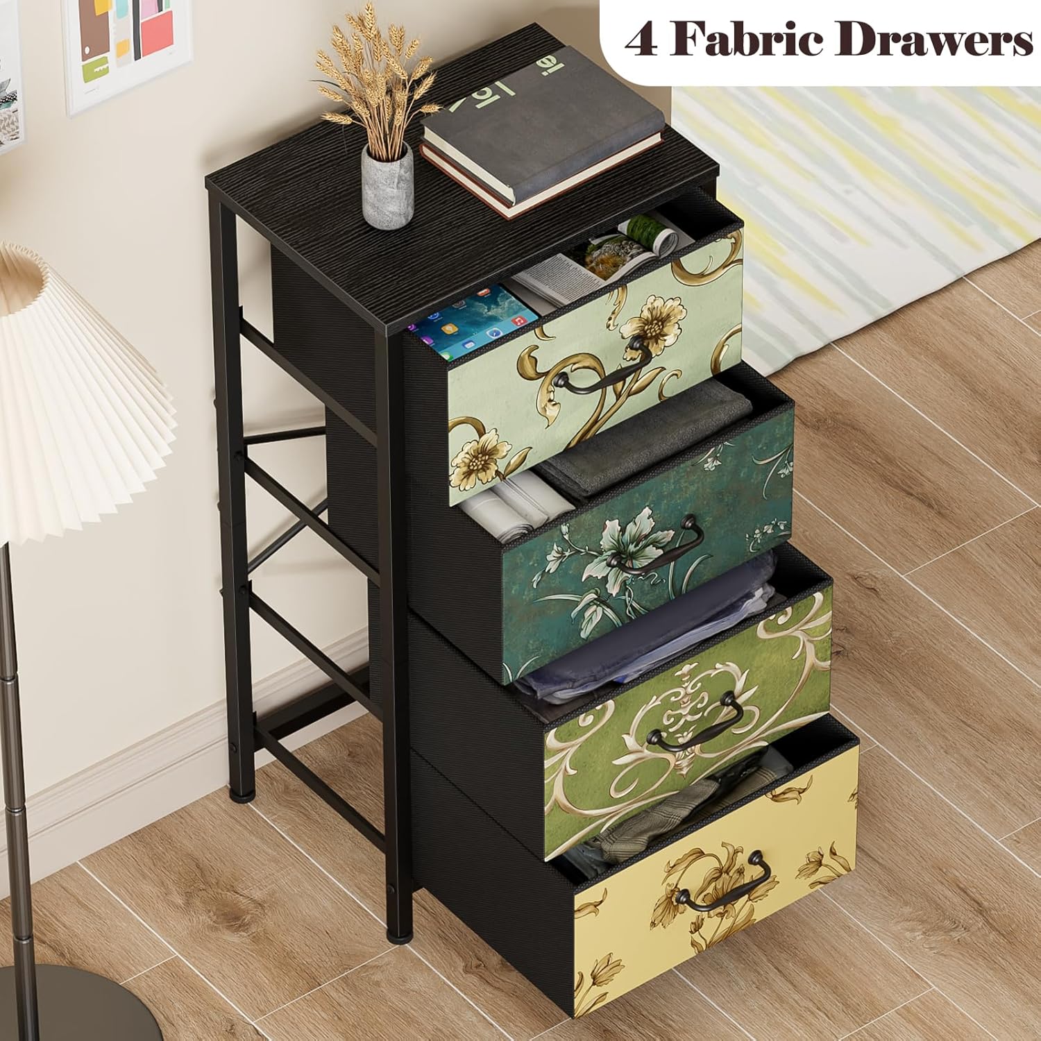 Furnulem 4 Drawer Dresser, Vertical Nightstand for Kids, Adult, Fabric Chest of Drawers for Bedroom, Living Room, Closet, Nusery, Storage Tower Unit Retro Style Furniture, Wood Desk Top - Image 6