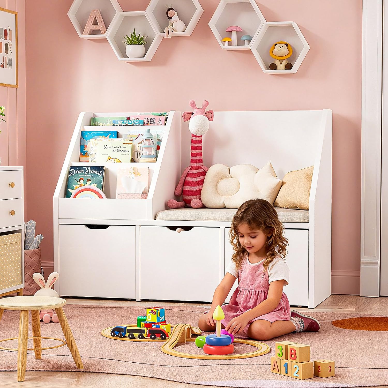 40" Kids Reading Nook with Bench, Toy Storage Organizer and Bookshelf with Seat Cushion, Kids Bookshelf with 3 Movable Drawers, Toy Storage Box on Wheels, Ideal for Nursery, Playroom, Bedroom, White - Image 7