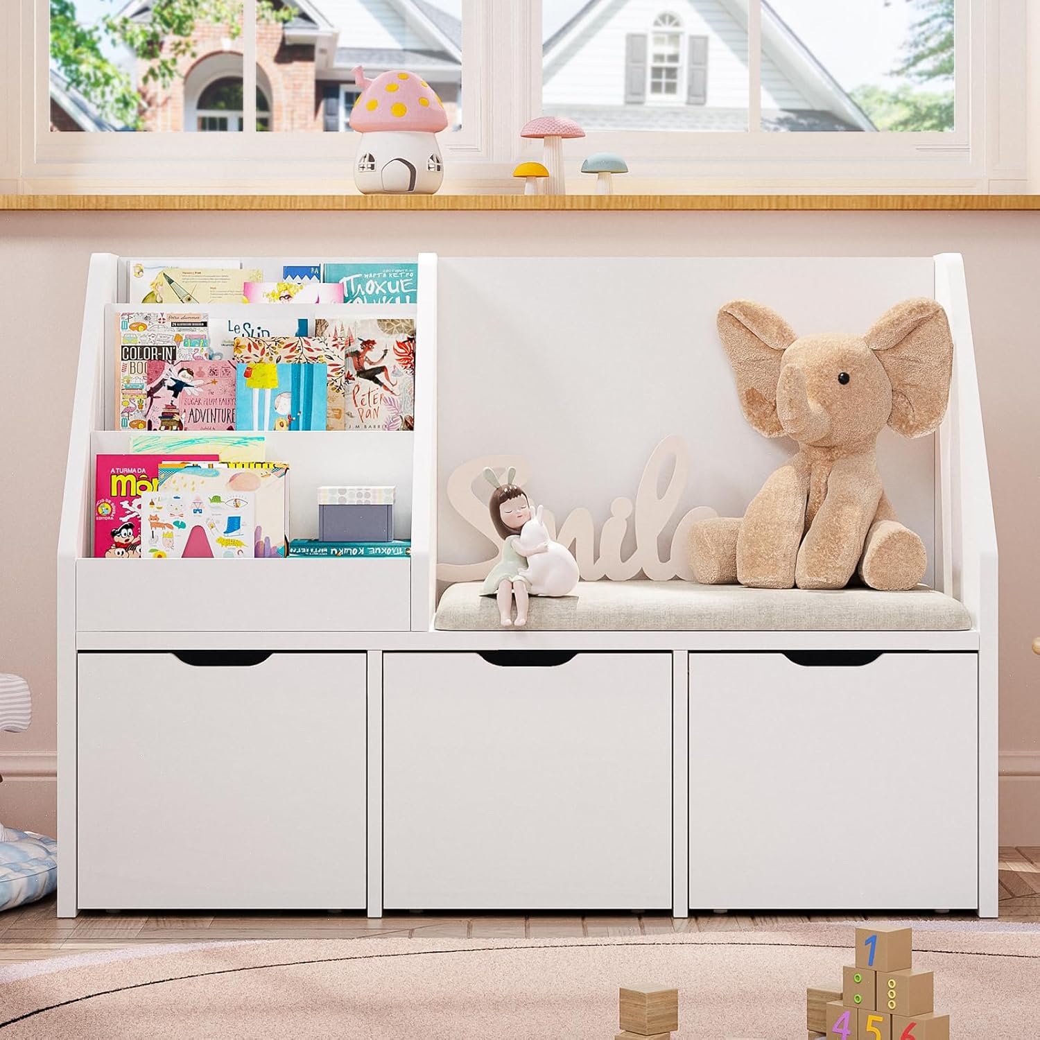 40" Kids Reading Nook with Bench, Toy Storage Organizer and Bookshelf with Seat Cushion, Kids Bookshelf with 3 Movable Drawers, Toy Storage Box on Wheels, Ideal for Nursery, Playroom, Bedroom, White - Image 8