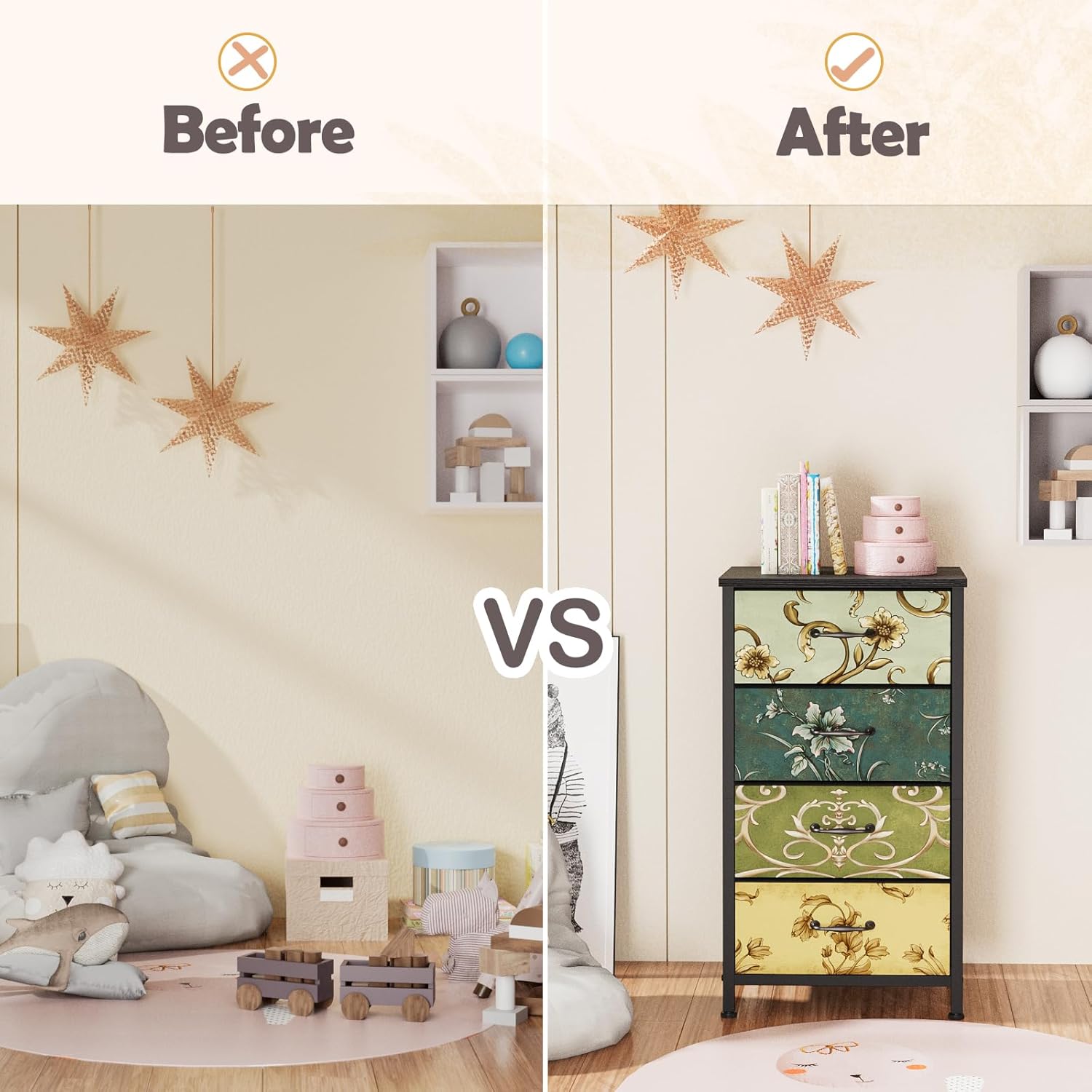 Furnulem 4 Drawer Dresser, Vertical Nightstand for Kids, Adult, Fabric Chest of Drawers for Bedroom, Living Room, Closet, Nusery, Storage Tower Unit Retro Style Furniture, Wood Desk Top - Image 8