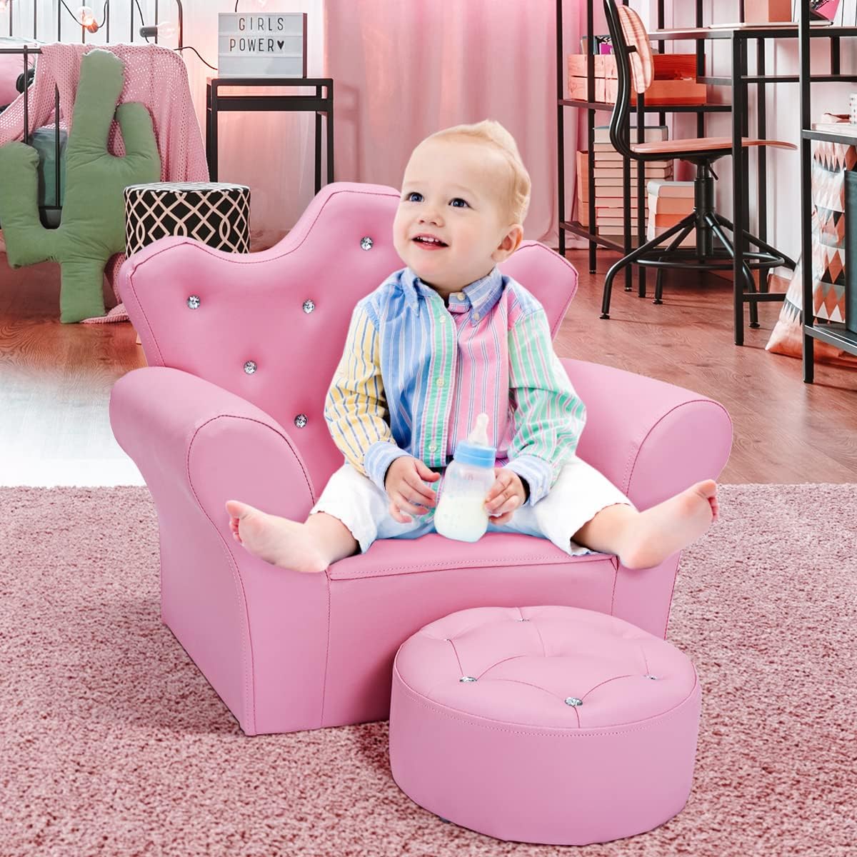 Costzon Kids Sofa, Children Upholstered Sofa with Ottoman, Princess Sofa with Diamond Decoration, Ottoman, Smooth PVC Leather Toddler Chair, Kids Pink Couch for Preschool Boys and Girls Gift (Pink)