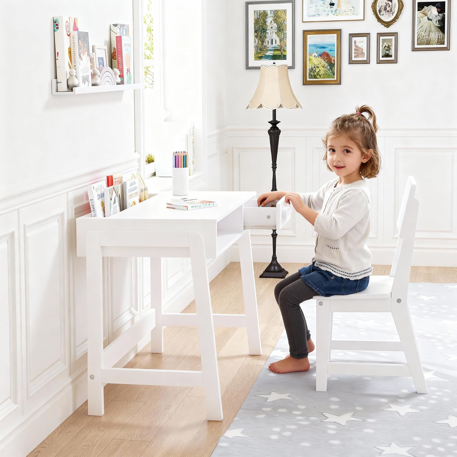 UTEX Kids Desk and Chair Set, Study Desk for Kids with Storage Bins, Wooden Children Study Table, Student Writing Desk for Bedroom & Study Room (1 Open & 1 Drawer)