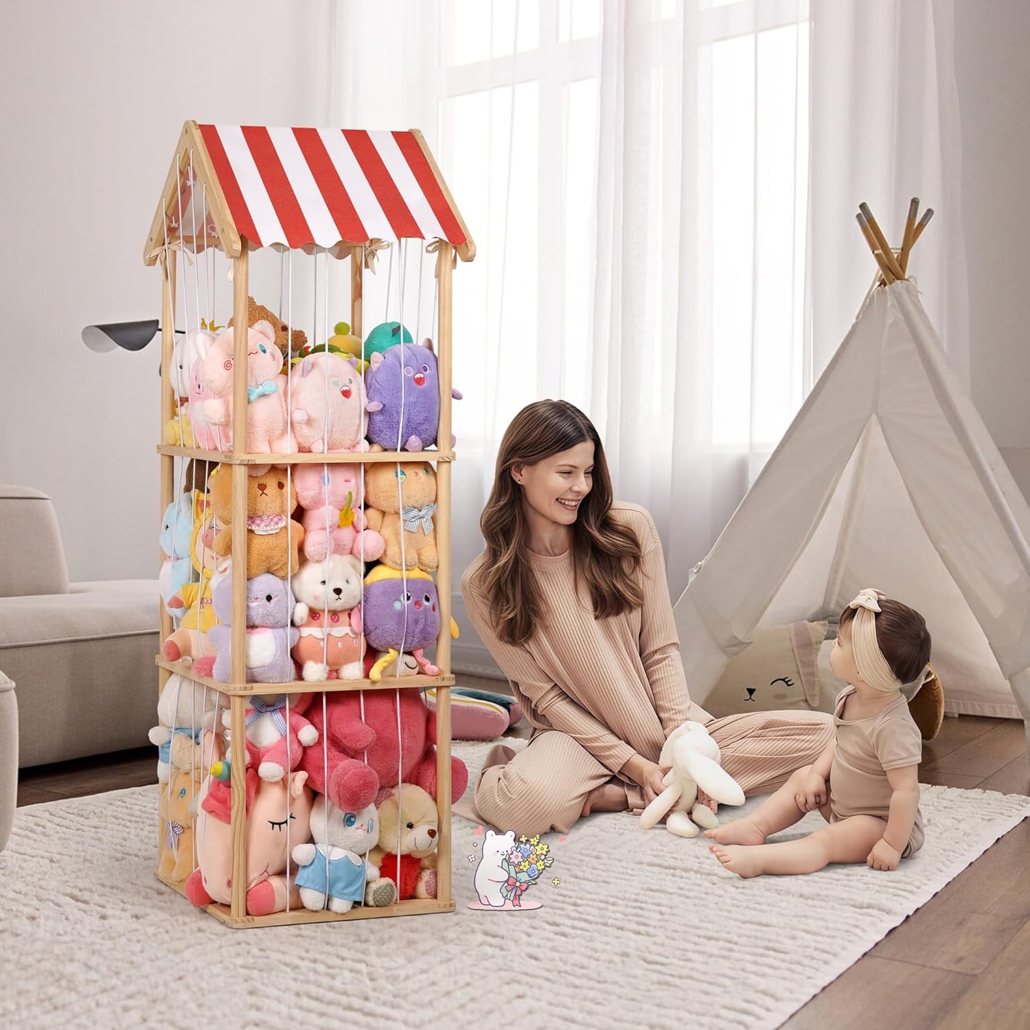 Edudif Stuffed Animal Storage, Space Saving Vertical Stuffed Animal Holder Wood, Easy Assembly Cottage-Style Plush Toys Organizer for Kids Bedroom & Playroom (Wood, Large)