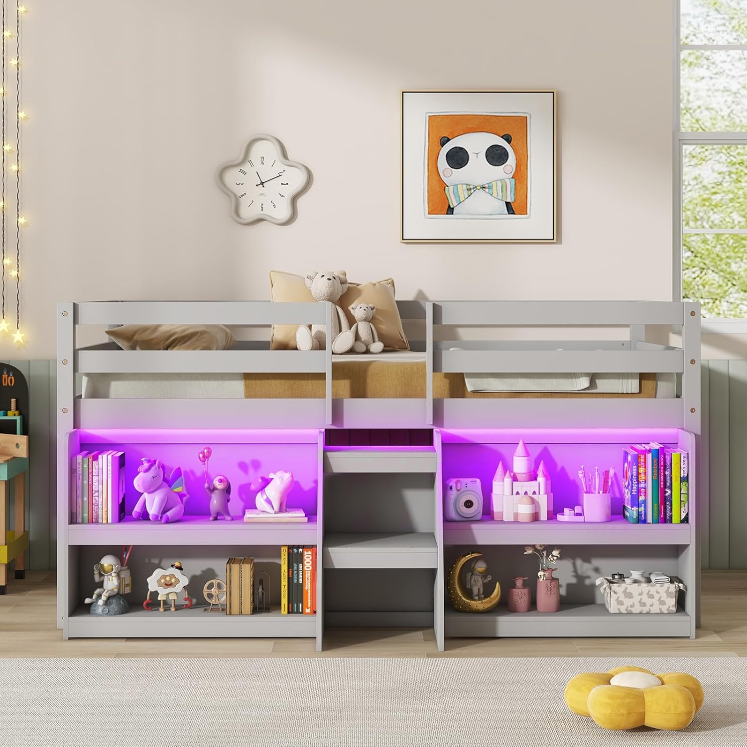 Alternative view of Giantex Twin Loft Bed with LED Lights, Wooden Loft Bed Twin Size with Stairs & Safety Guardrail, Low Loft Bed for Kids with Storage Bookcase and Under-Bed Play Space, Grey