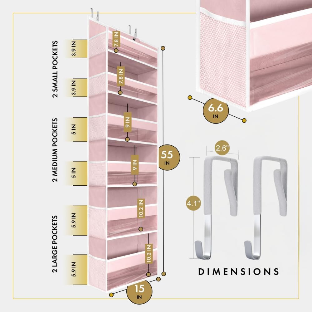 Alternative view of HOMELUX THEORY UPGRADED 6 Tiers Over The Door Organizer Hanging - 100D EXTRA THICK & 50lbs HUGE CAPACITY, 12 Side Mesh Pockets Over The Door Shoe Organizer, Hanging Closet Organizer (Baby Pink, 1pc)