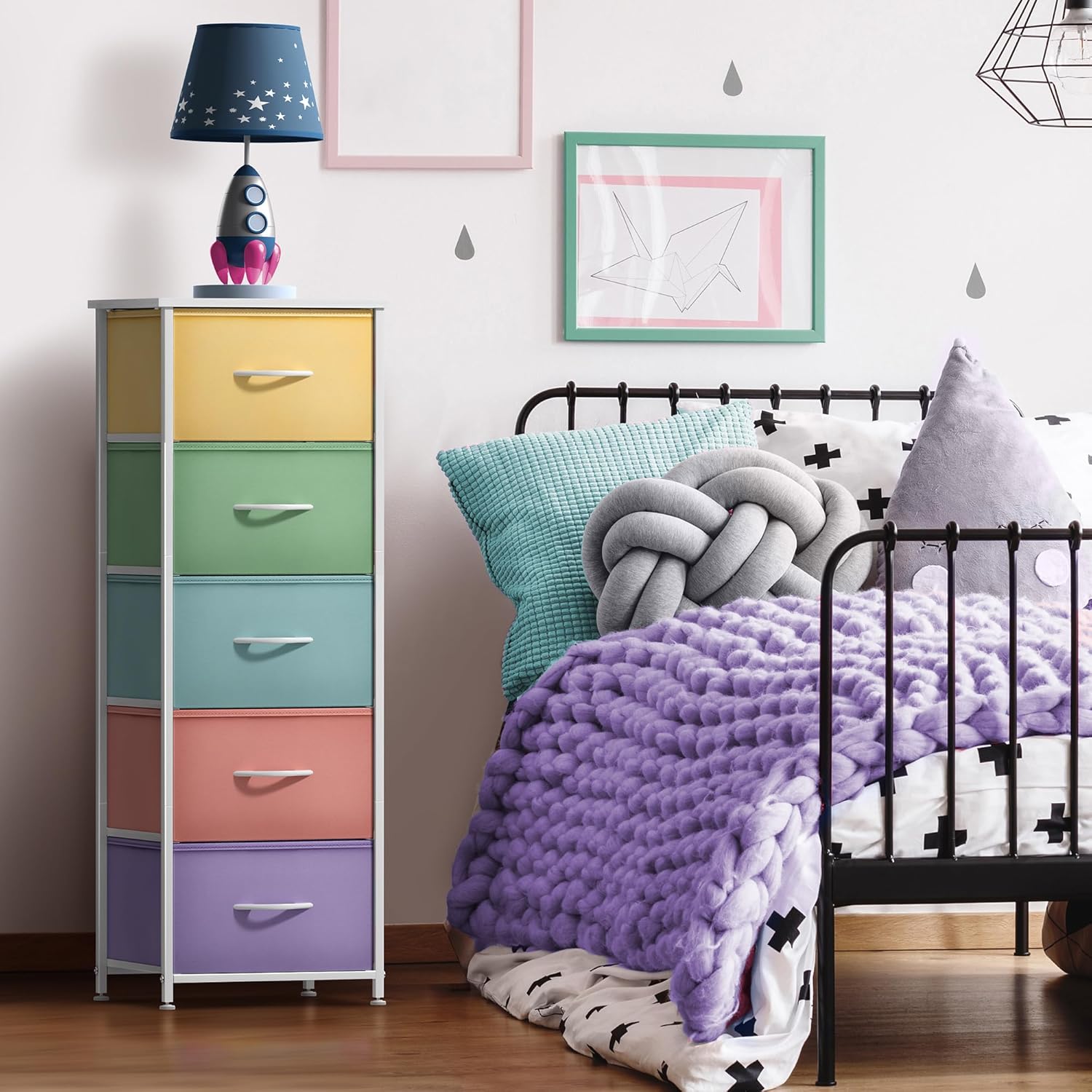 Sorbus Fabric Dresser for Kids Bedroom - Chest of 5 Drawers, Tall Storage Tower, Clothing Organizer, for Closet, for Playroom, for Nursery, Steel Frame, Fabric Bins - Wood Handle (Pastel)