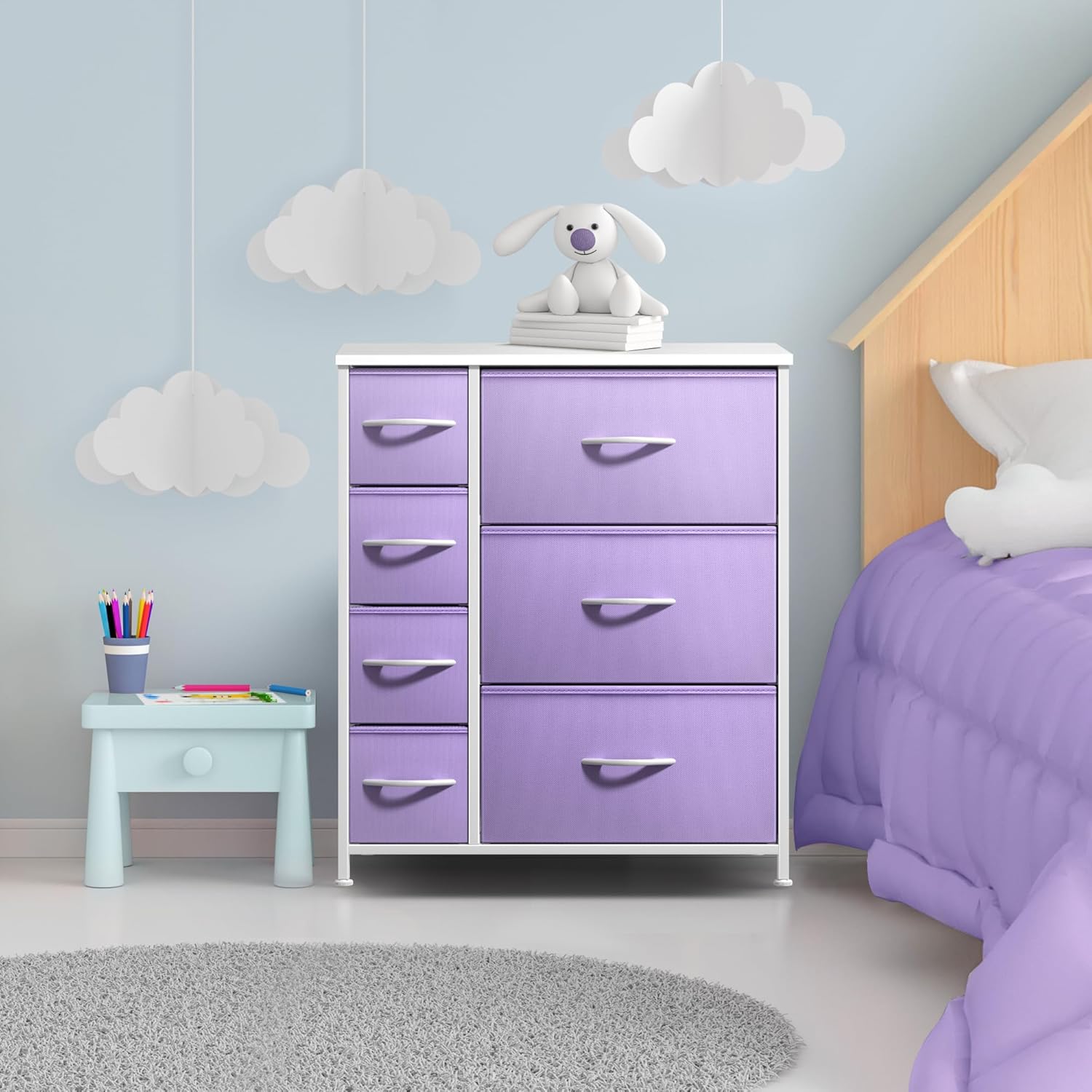 Sorbus Dresser with 7 Drawers - Furniture Storage Chest for Kidu2019s, Teens, Bedroom, Nursery, Playroom, Clothes, Toys - Steel Frame, Wood Top, Tie-dye Fabric Bins (7-Drawer, Pastel Purple)
