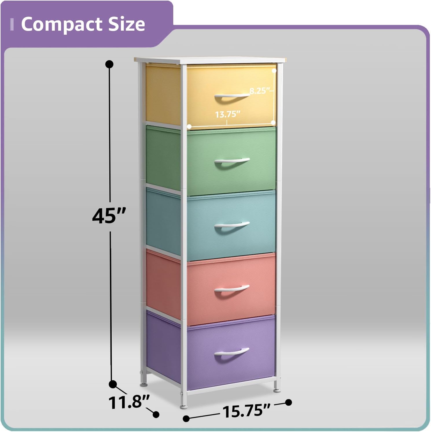 Alternative view of Sorbus Fabric Dresser for Kids Bedroom - Chest of 5 Drawers, Tall Storage Tower, Clothing Organizer, for Closet, for Playroom, for Nursery, Steel Frame, Fabric Bins - Wood Handle (Pastel)