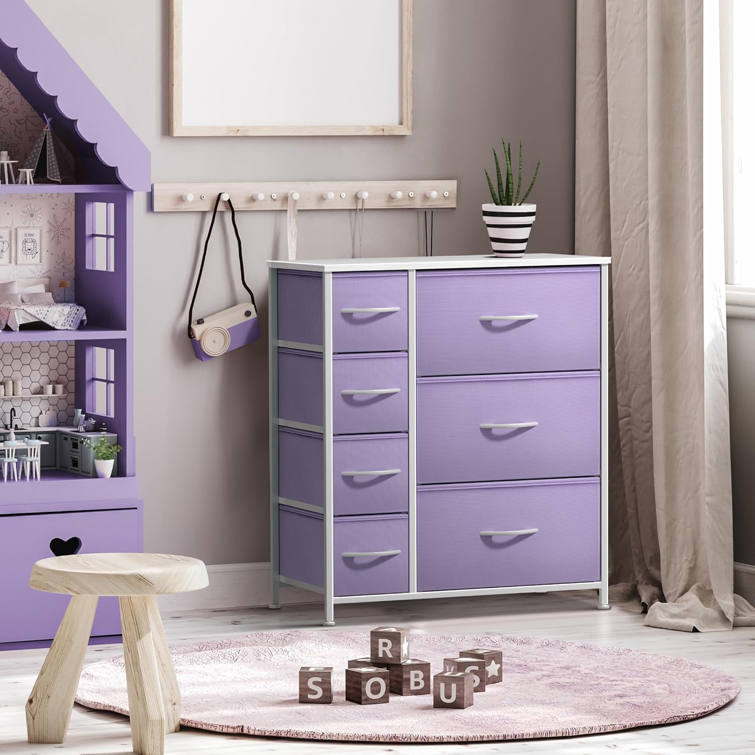 Sorbus Dresser with 7 Drawers - Furniture Storage Chest for Kidu2019s, Teens, Bedroom, Nursery, Playroom, Clothes, Toys - Steel Frame, Wood Top, Tie-dye Fabric Bins (7-Drawer, Pastel Purple) - Image 5