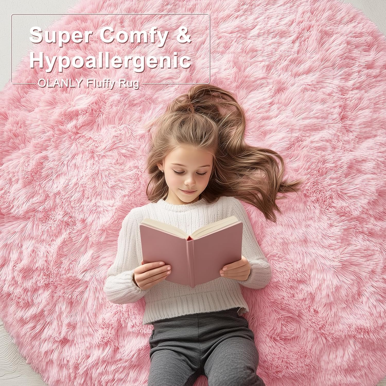 OLANLY Pink Round Rugs for Bedroom - Machine Washable, 4 ft Circle Area Rugs for Living Room, Soft and Fluffy Shaggy Carpet for Teen Girls and Boys, Nursery Rooms, Dorms, Home Decor Aesthetic - Image 4
