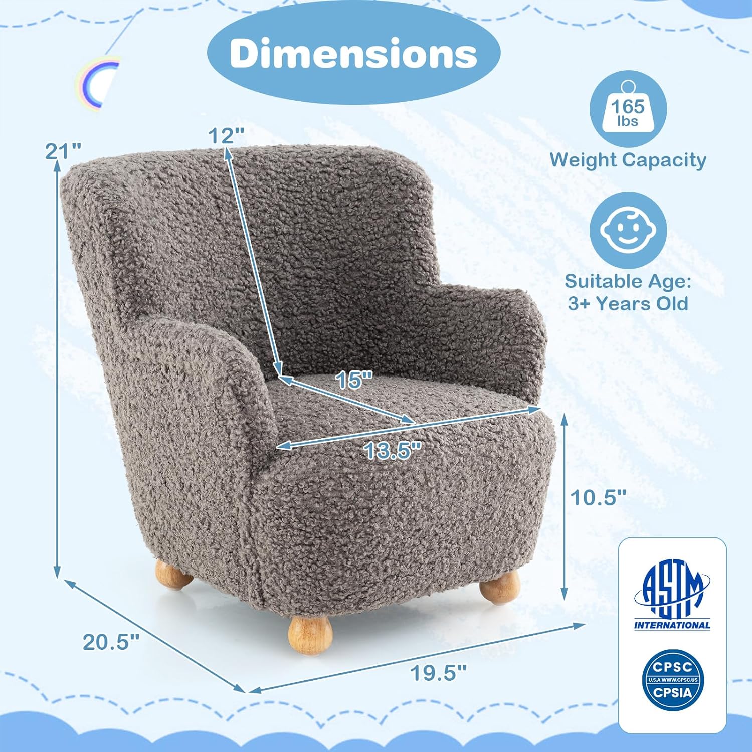 Alternative view of Costzon Kids Sofa, Comfy Toddler Armchair with Solid Rubber Wood Legs, Upholstered Children Reading Chair for Boys & Girls Aged 3+, Kids Furniture Mini Recliner Chair for Bedroom, Playroom (Gray)