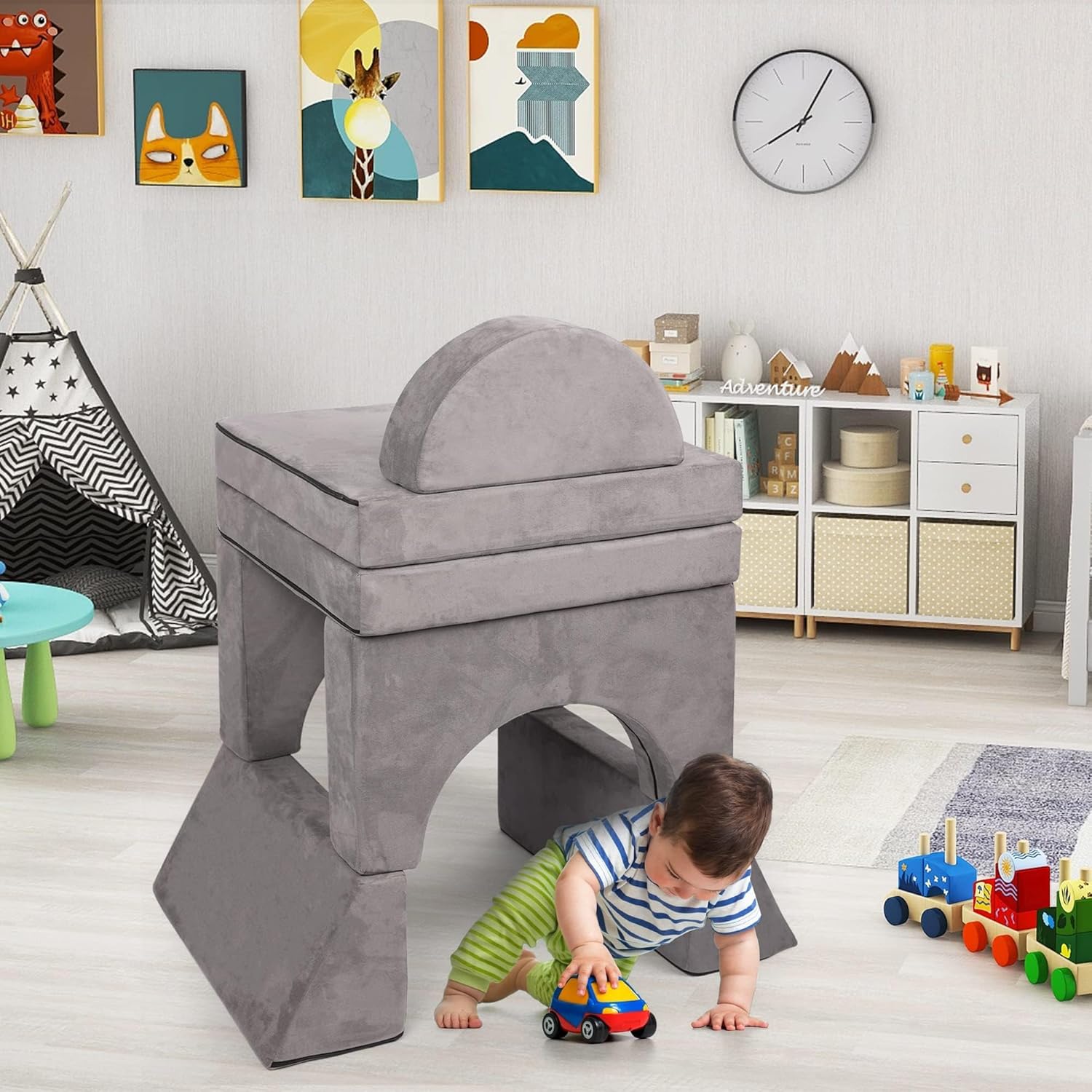 Betterhood Modular Kids Play Couch, 10PCS Child Sectional Sofa Imaginative Furniture Play Set for Creative Kids, Toddler to Teen Bedroom Furniture, Girls and Boys Playroom Convertible Sofa, Grey