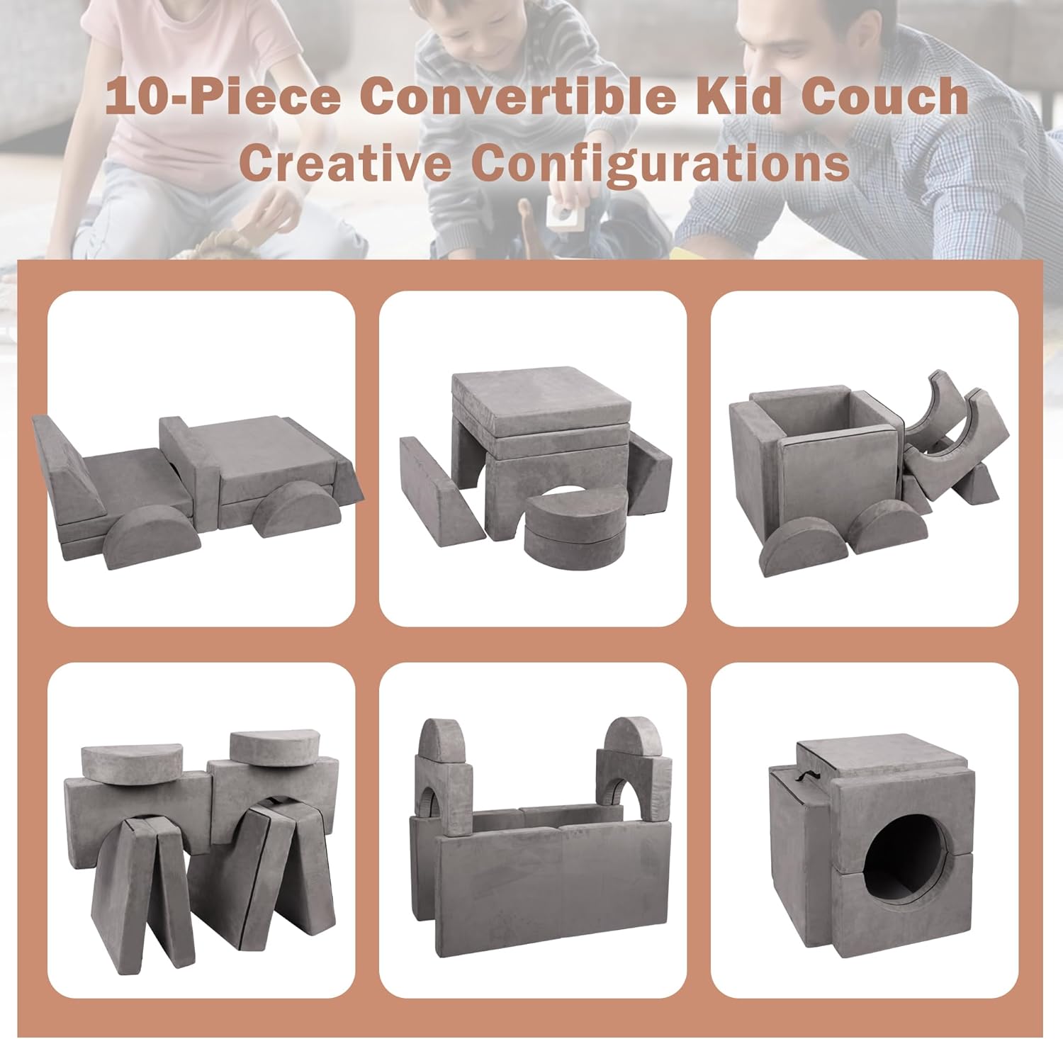 Betterhood Modular Kids Play Couch, 10PCS Child Sectional Sofa Imaginative Furniture Play Set for Creative Kids, Toddler to Teen Bedroom Furniture, Girls and Boys Playroom Convertible Sofa, Grey - Image 3