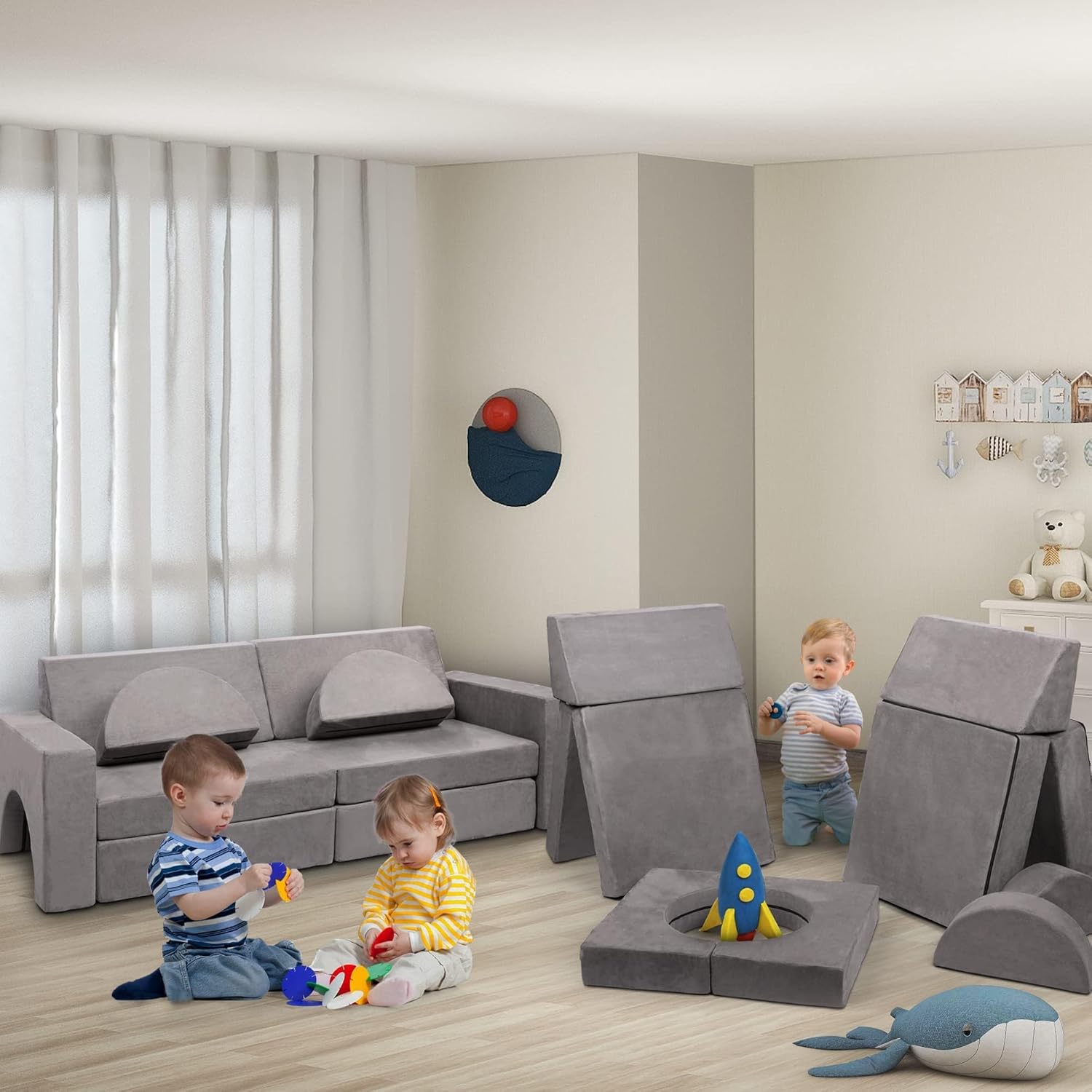 Betterhood Modular Kids Play Couch, 10PCS Child Sectional Sofa Imaginative Furniture Play Set for Creative Kids, Toddler to Teen Bedroom Furniture, Girls and Boys Playroom Convertible Sofa, Grey - Image 5