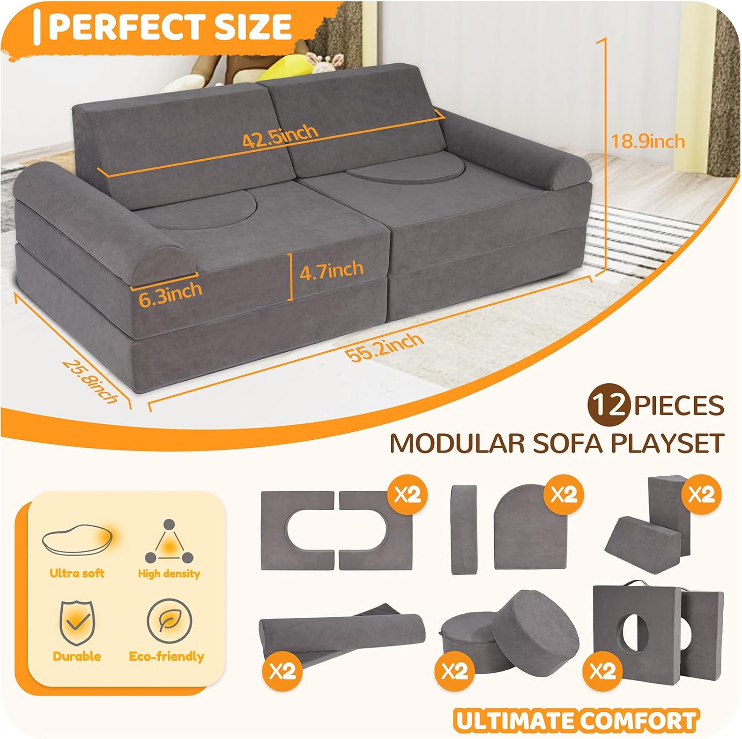Winhomish 12-Piece Modular Kids Play Couch u2013 Premium Soft Foam, Removable Cover, Comfortable & Safe Toddler Couch for Children 1-6 Years, Portable & Easy to Clean, Ideal for Living Room & Playroom