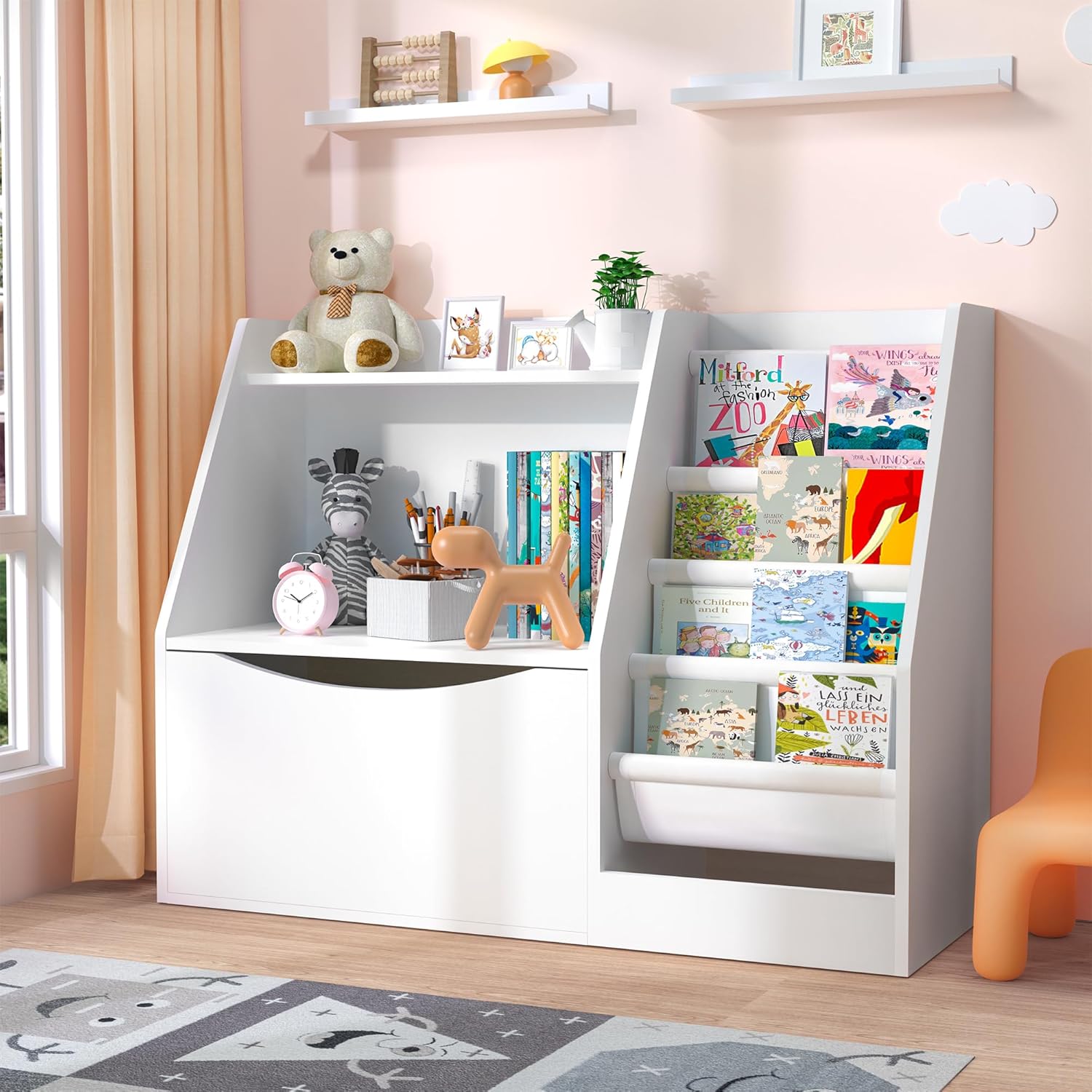 TOETOL 2 Tier Kids Bookshelf and Book Storage，4 Sling Toddler Bookshelf, Storage Boxes Book Shelf & Organizer for Nursery Playroom Classroom Library Bedroom White