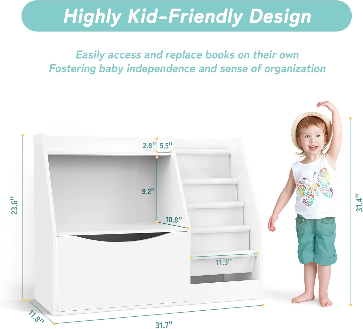 Alternative view of TOETOL 2 Tier Kids Bookshelf and Book Storage，4 Sling Toddler Bookshelf, Storage Boxes Book Shelf & Organizer for Nursery Playroom Classroom Library Bedroom White