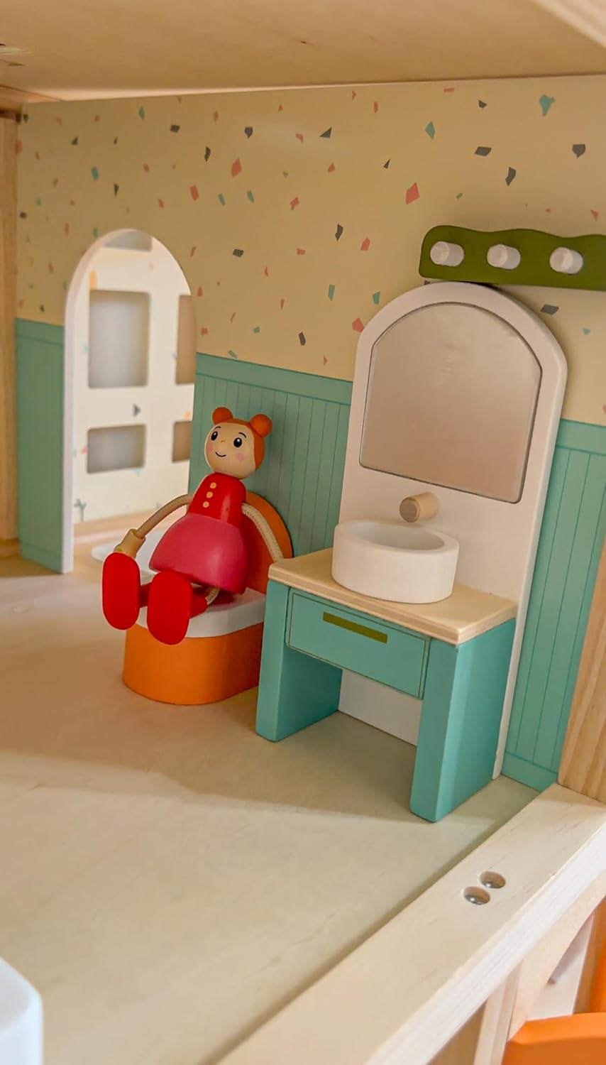 Giant bean 26 Pcs Large Wooden Dollhouse Furniture 5 Set for Kitchen, Living Room, Bedroom, Bathroom, Babyroom, Candy Dollhouse Accessories & Furniture Toy for Girls Boys Kids 3+