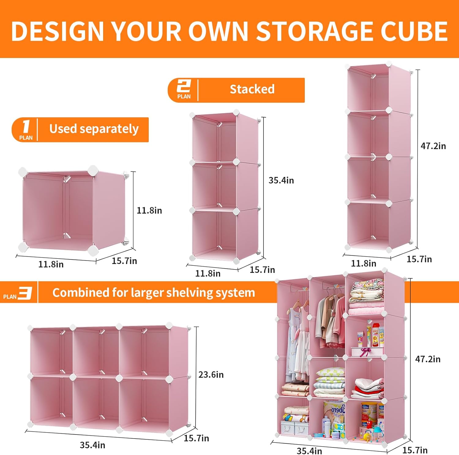 VIPZONE Baby Dresser, Kids Closet Organizers, Portable Kids Wardrobe for Closet, Bedroom, Nursery, Cubby, Cabinet, Clothes, Dress, Baby Storage Shelf, Armoire Clothes Hanging (12 Cube, Pink)