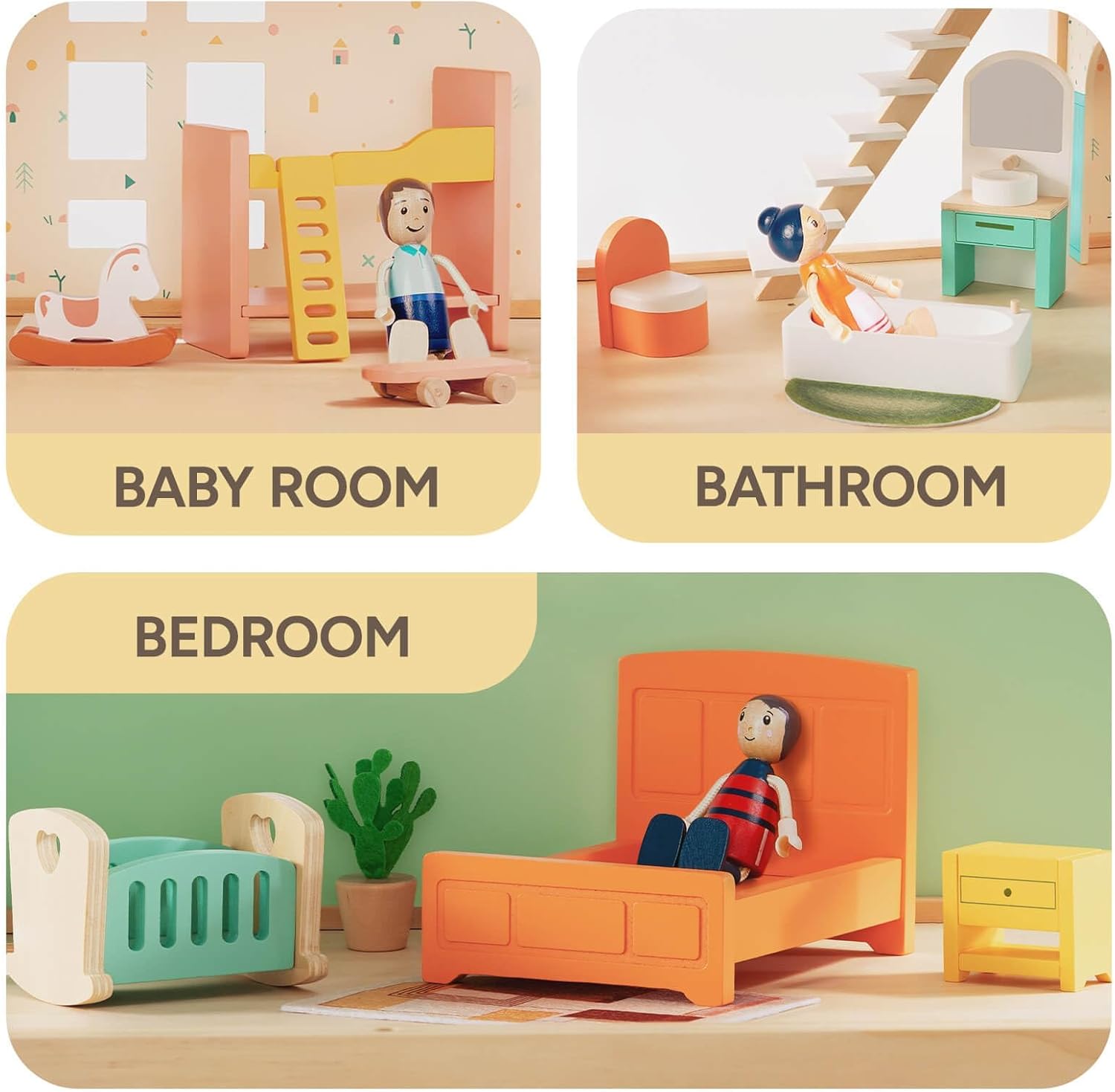 Giant bean 26 Pcs Large Wooden Dollhouse Furniture 5 Set for Kitchen, Living Room, Bedroom, Bathroom, Babyroom, Candy Dollhouse Accessories & Furniture Toy for Girls Boys Kids 3+ - Image 6