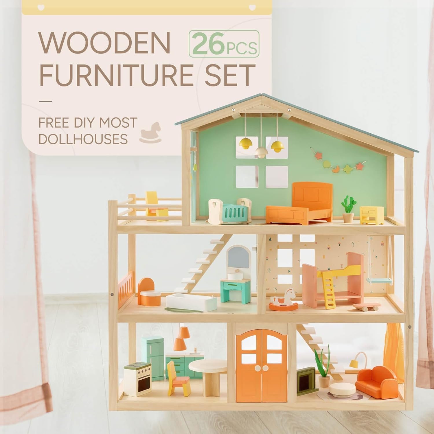 Giant bean 26 Pcs Large Wooden Dollhouse Furniture 5 Set for Kitchen, Living Room, Bedroom, Bathroom, Babyroom, Candy Dollhouse Accessories & Furniture Toy for Girls Boys Kids 3+ - Image 7