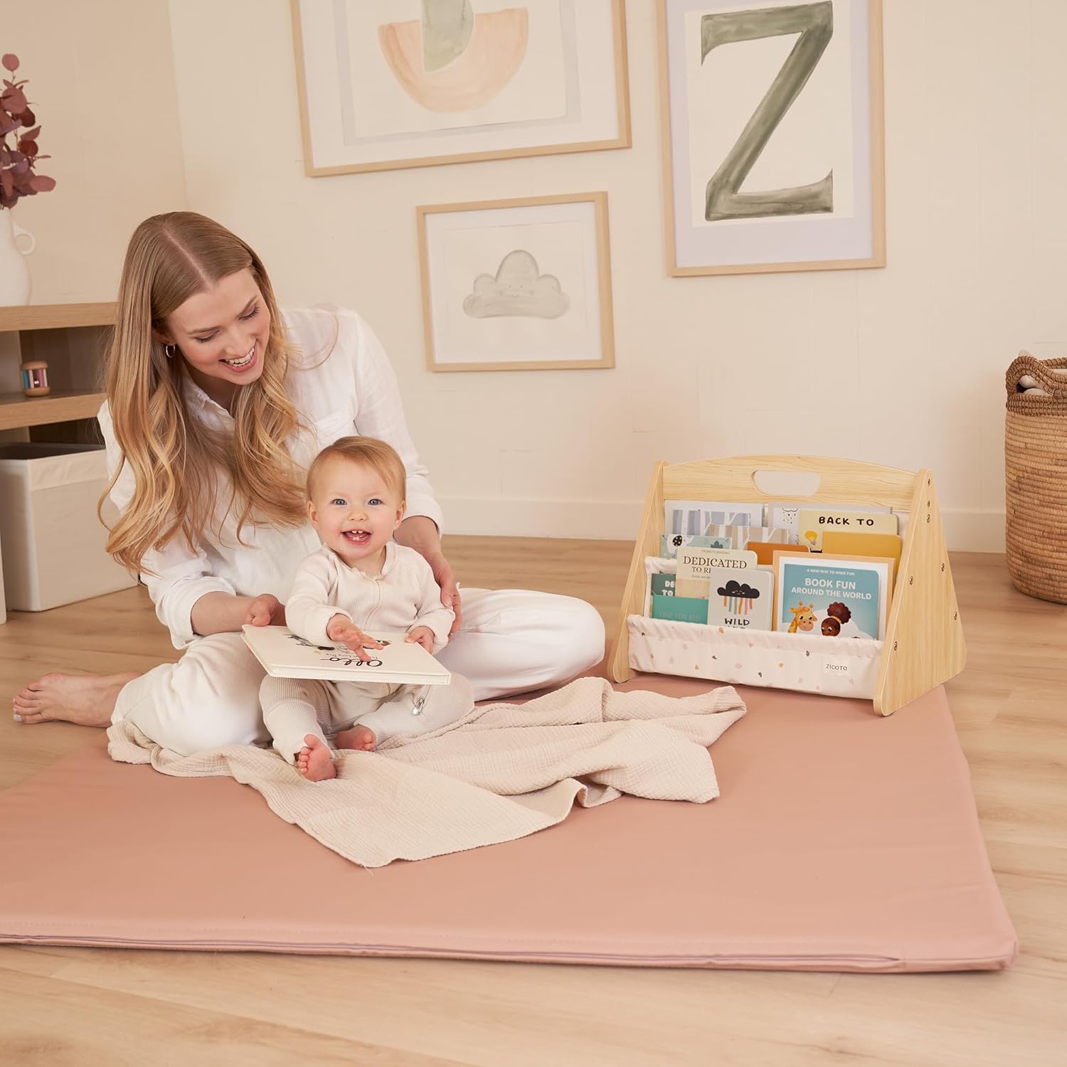 ZICOTO Decorative Wooden Bookshelf with Handle for Kids Rooms - Keeps Books Neatly Organized & Within Reach for Toddlers - Easy Install Montessori Book Shelf for Baby's Bedroom or Playroom Decor