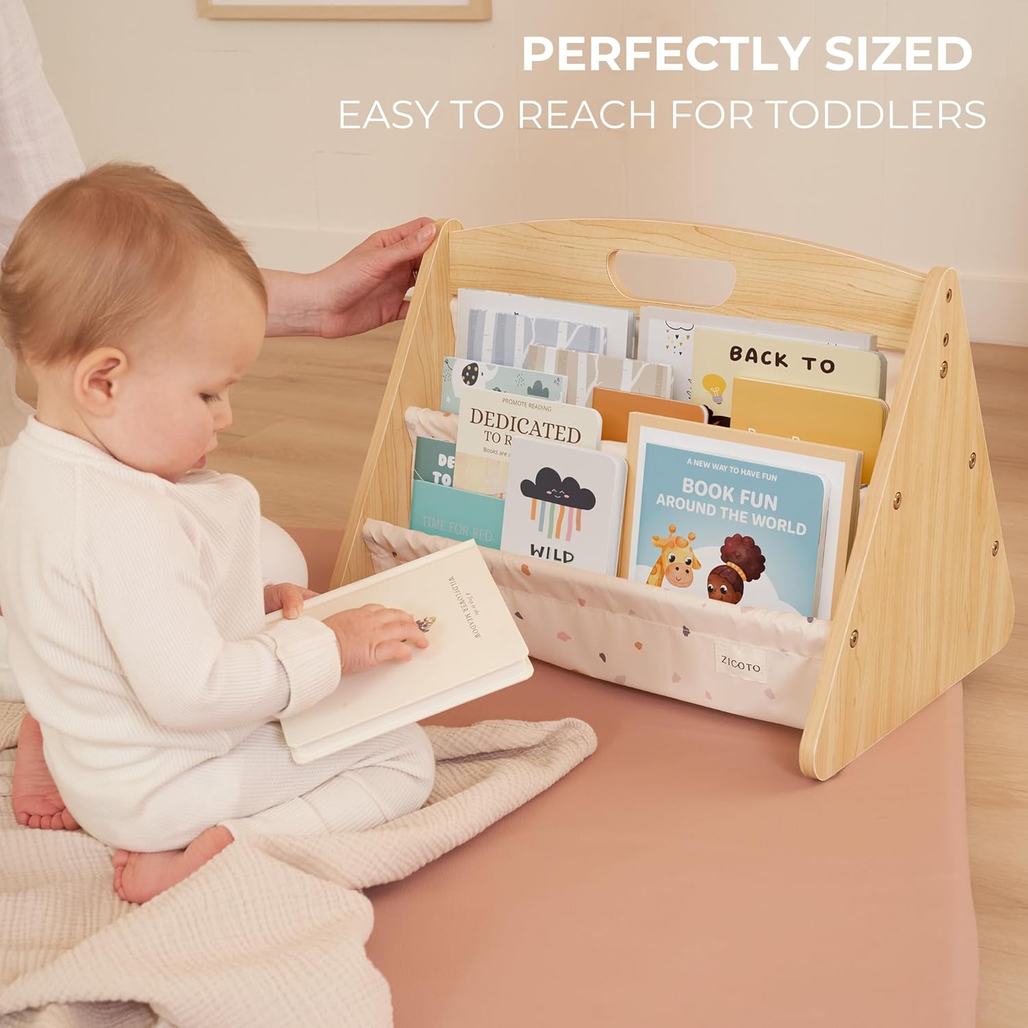 Alternative view of ZICOTO Decorative Wooden Bookshelf with Handle for Kids Rooms - Keeps Books Neatly Organized & Within Reach for Toddlers - Easy Install Montessori Book Shelf for Baby's Bedroom or Playroom Decor