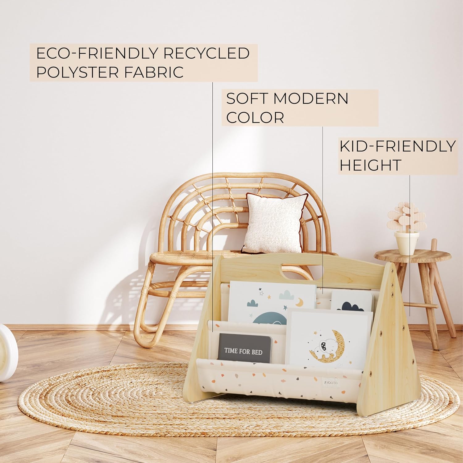 ZICOTO Decorative Wooden Bookshelf with Handle for Kids Rooms - Keeps Books Neatly Organized & Within Reach for Toddlers - Easy Install Montessori Book Shelf for Baby's Bedroom or Playroom Decor - Image 6