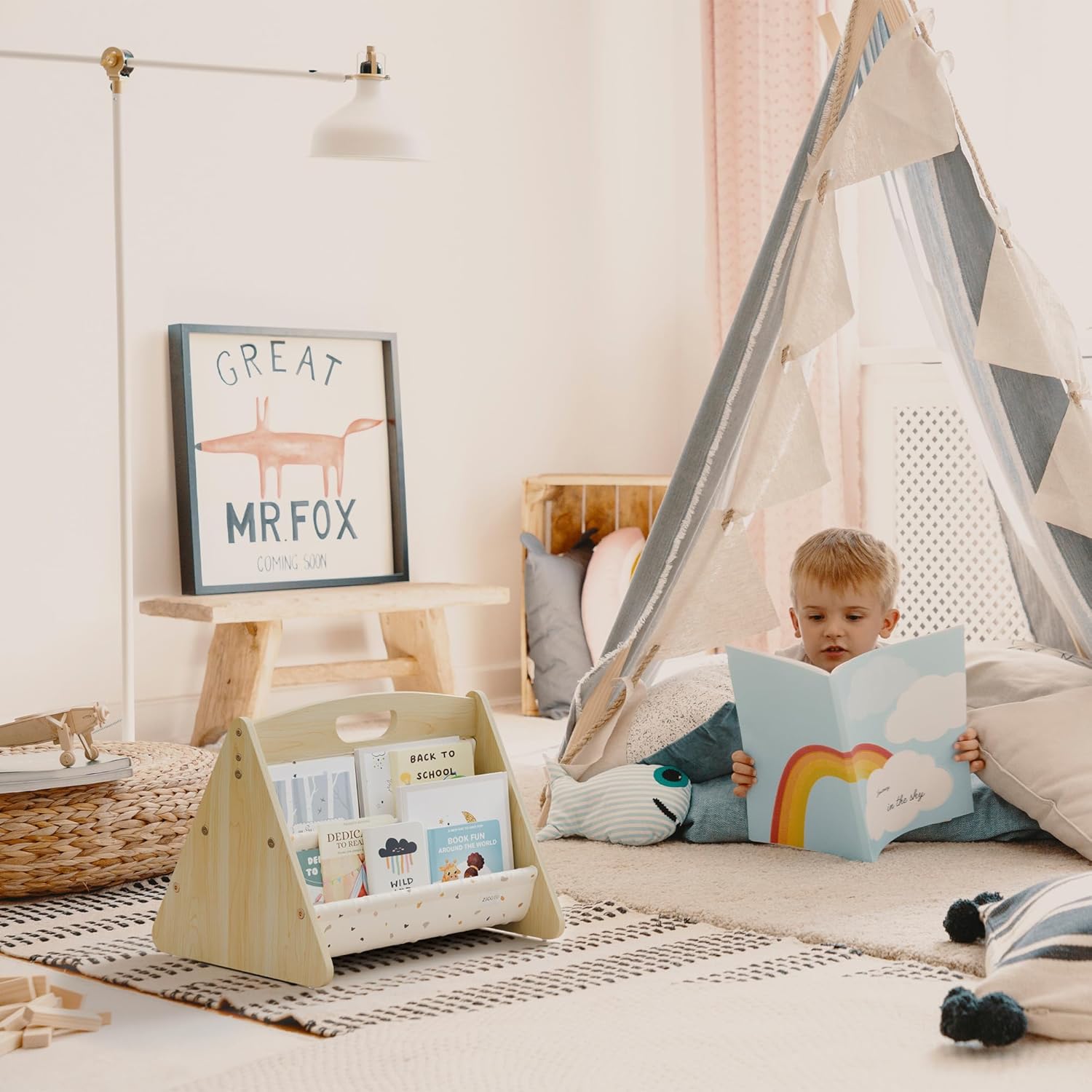 ZICOTO Decorative Wooden Bookshelf with Handle for Kids Rooms - Keeps Books Neatly Organized & Within Reach for Toddlers - Easy Install Montessori Book Shelf for Baby's Bedroom or Playroom Decor - Image 7