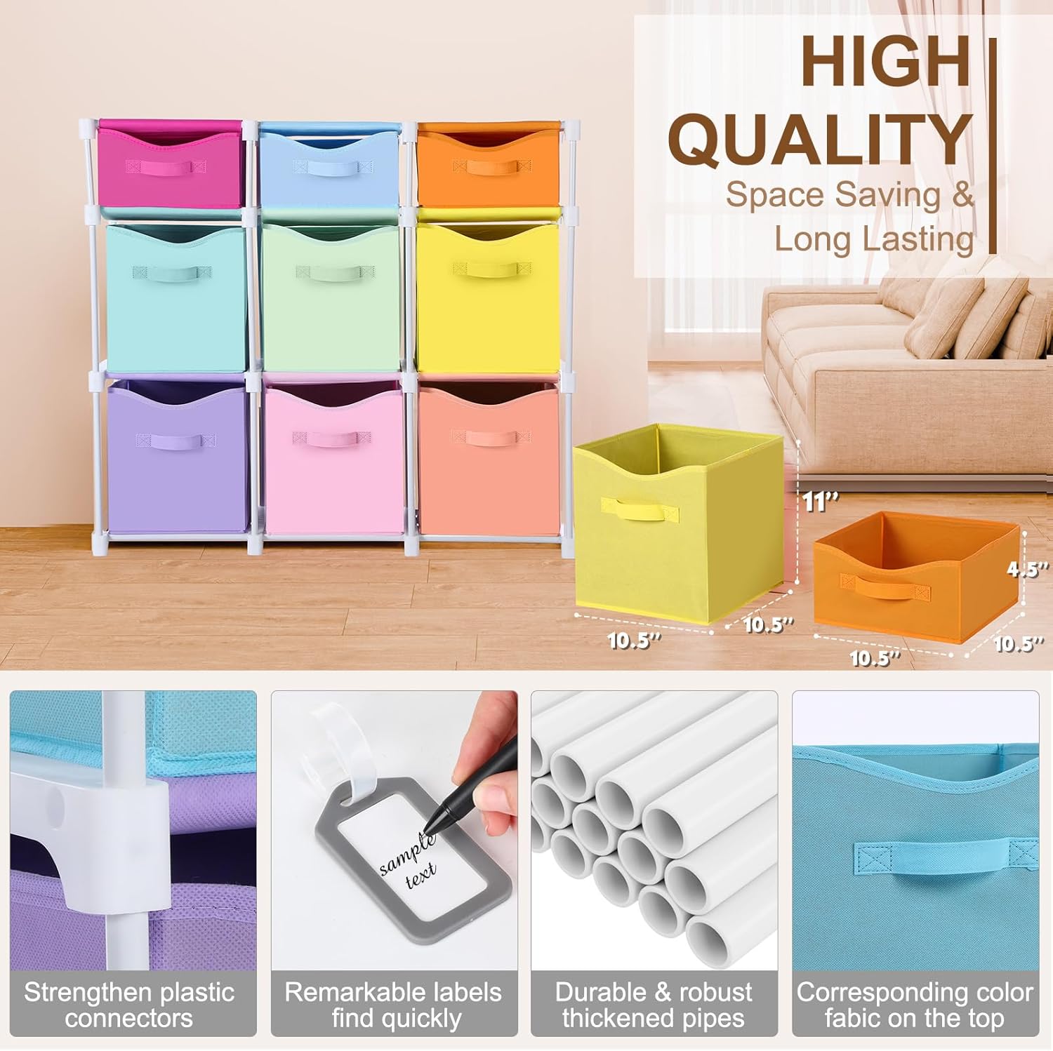 Fiwochic 9 Cube Storage Organizer Shelf with Storage Bins and Label, 11 Inch Toy Cube Bins Clothes Closet Organizers Drawers Fabric Dresser for Living Room, Bedroom, Playroom, Dorm(Pastel)