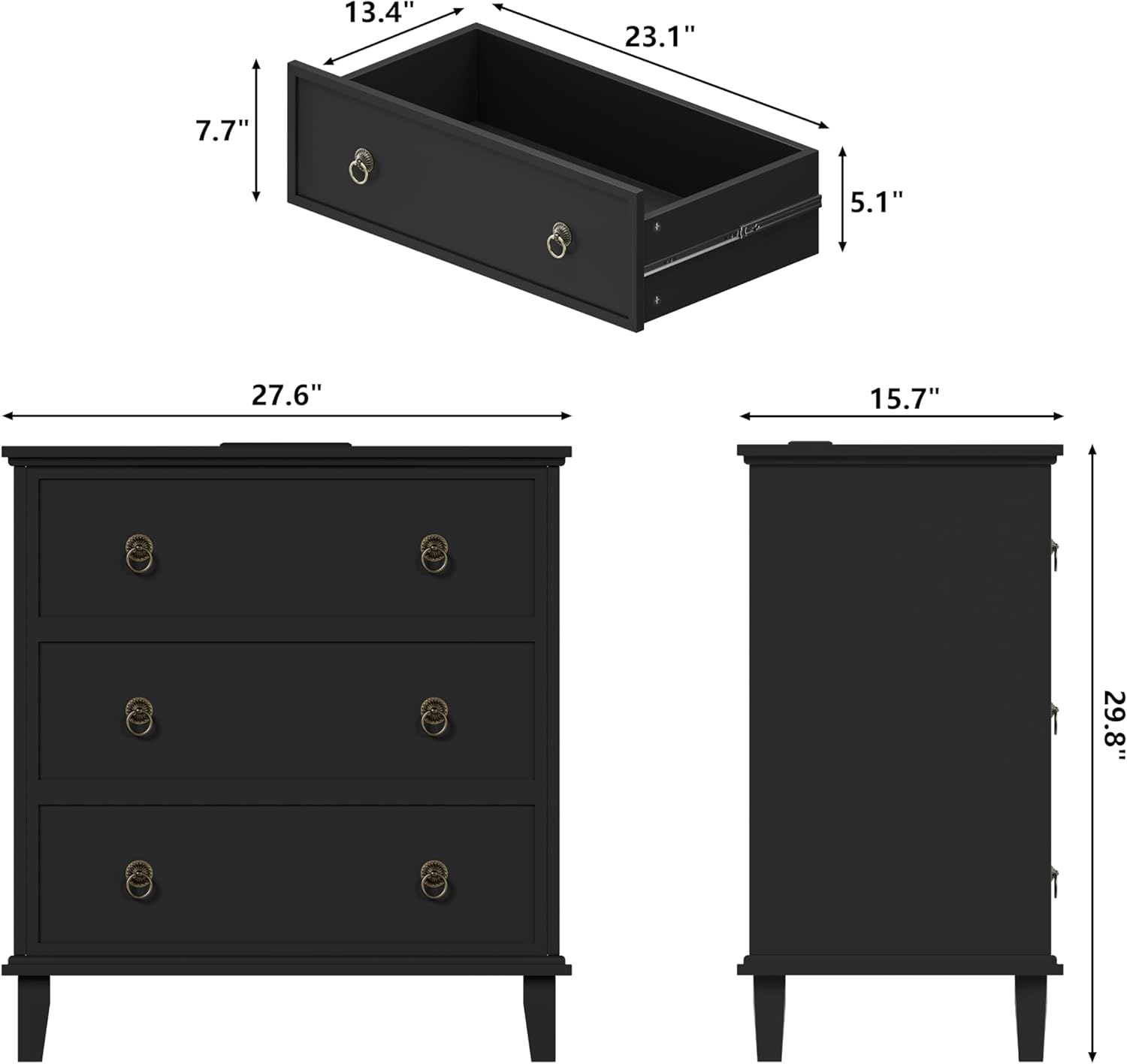 COWMOU 3 Drawers Black Nightstand, Large Nightstand with Charging Station,Wooden Farmhouse Night Stand, Bedside Table Set, End Table, Bedroom, Hallway, Entryway
