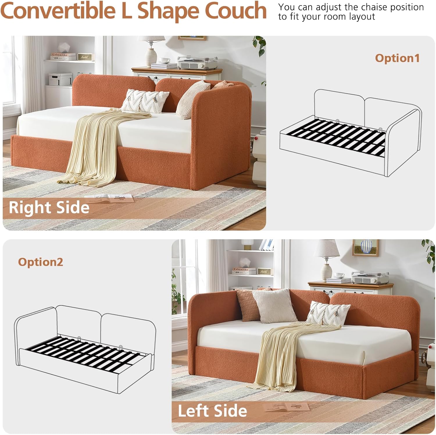 Alternative view of VELOCAVA Twin Size Upholstered Daybed with Lift-Up Storage, Orange Boucle Textured Corner Bed with Reversible Armrest and L-Shaped Design, Under-Bed Gas Lift Storage for Bedroom or Apartment