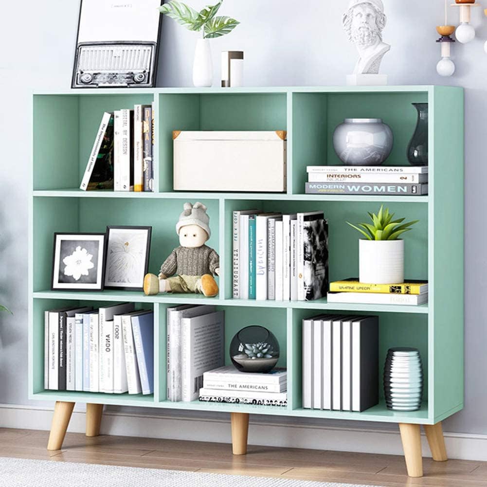 IOTXY Wooden Open Shelf Bookcase - 3-Tier Floor Standing Display Cabinet Rack with Legs, 8 Cubes Bookshelf, Tiffany-Green | Display Cabinet, Rack, with Legs, Bookshelf