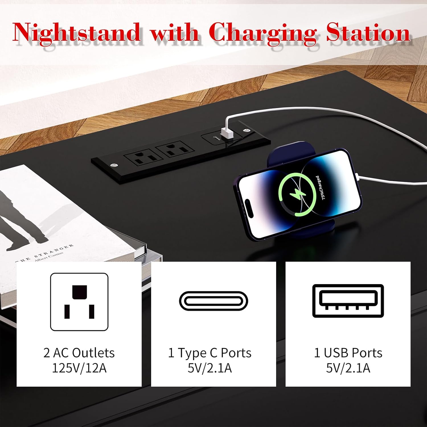 Alternative view of COWMOU 3 Drawers Black Nightstand, Large Nightstand with Charging Station,Wooden Farmhouse Night Stand, Bedside Table Set, End Table, Bedroom, Hallway, Entryway