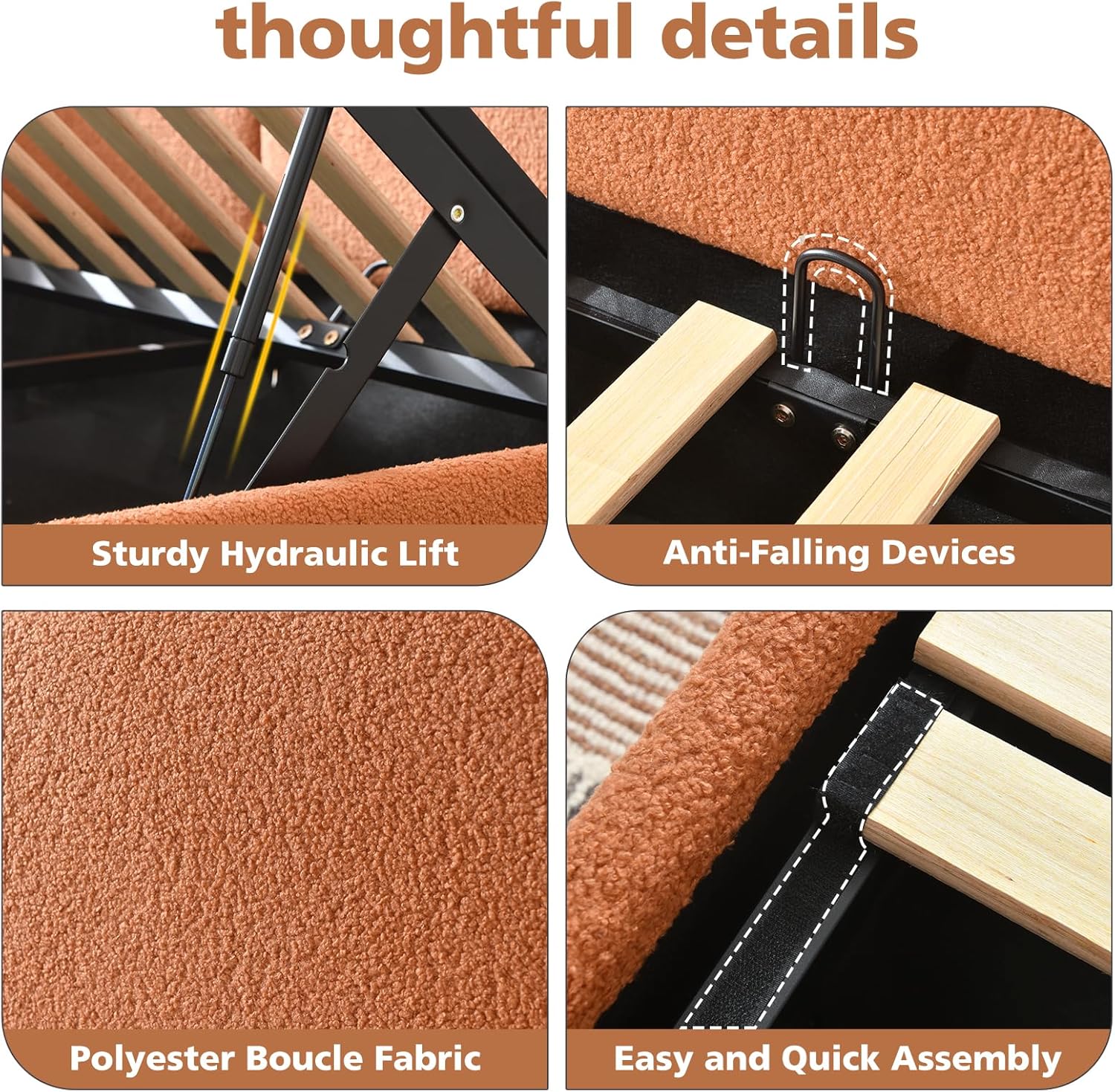 VELOCAVA Twin Size Upholstered Daybed with Lift-Up Storage, Orange Boucle Textured Corner Bed with Reversible Armrest and L-Shaped Design, Under-Bed Gas Lift Storage for Bedroom or Apartment - Image 3