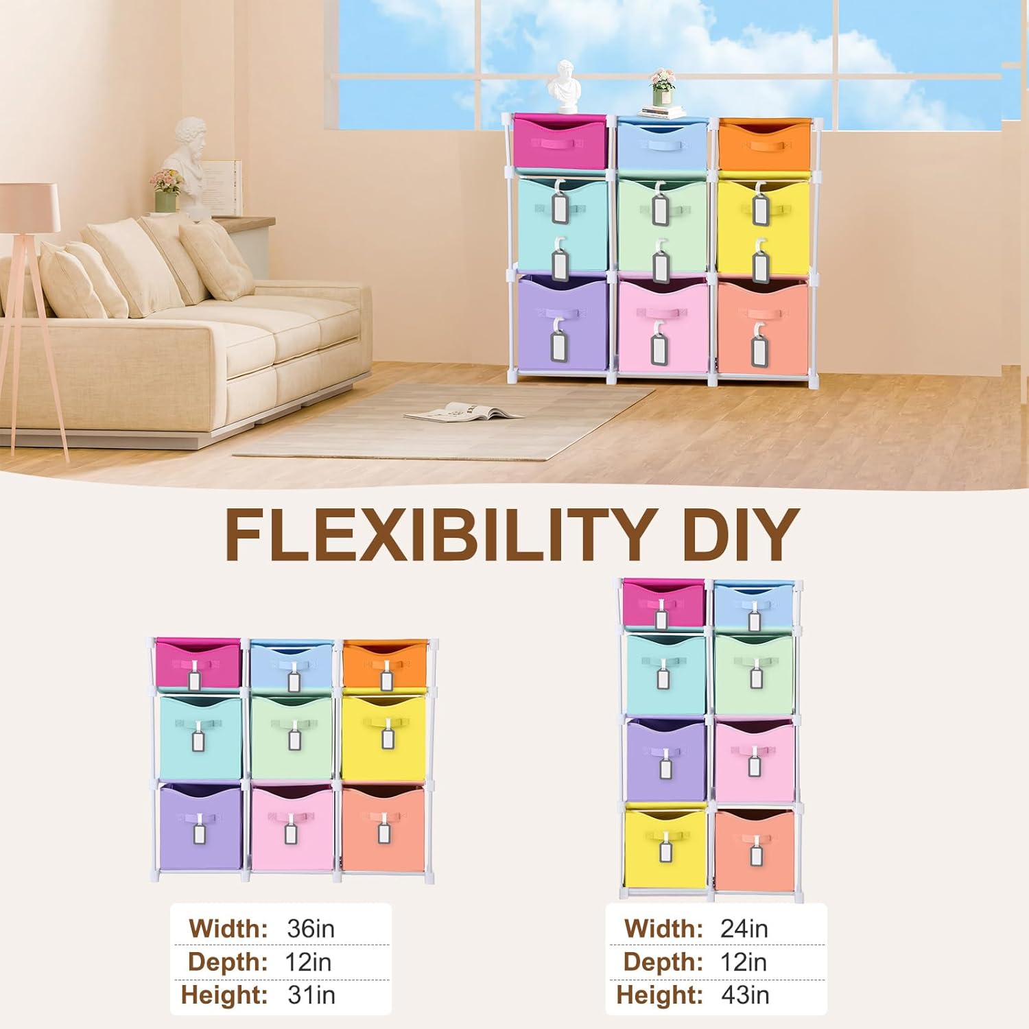 Fiwochic 9 Cube Storage Organizer Shelf with Storage Bins and Label, 11 Inch Toy Cube Bins Clothes Closet Organizers Drawers Fabric Dresser for Living Room, Bedroom, Playroom, Dorm(Pastel) - Image 3