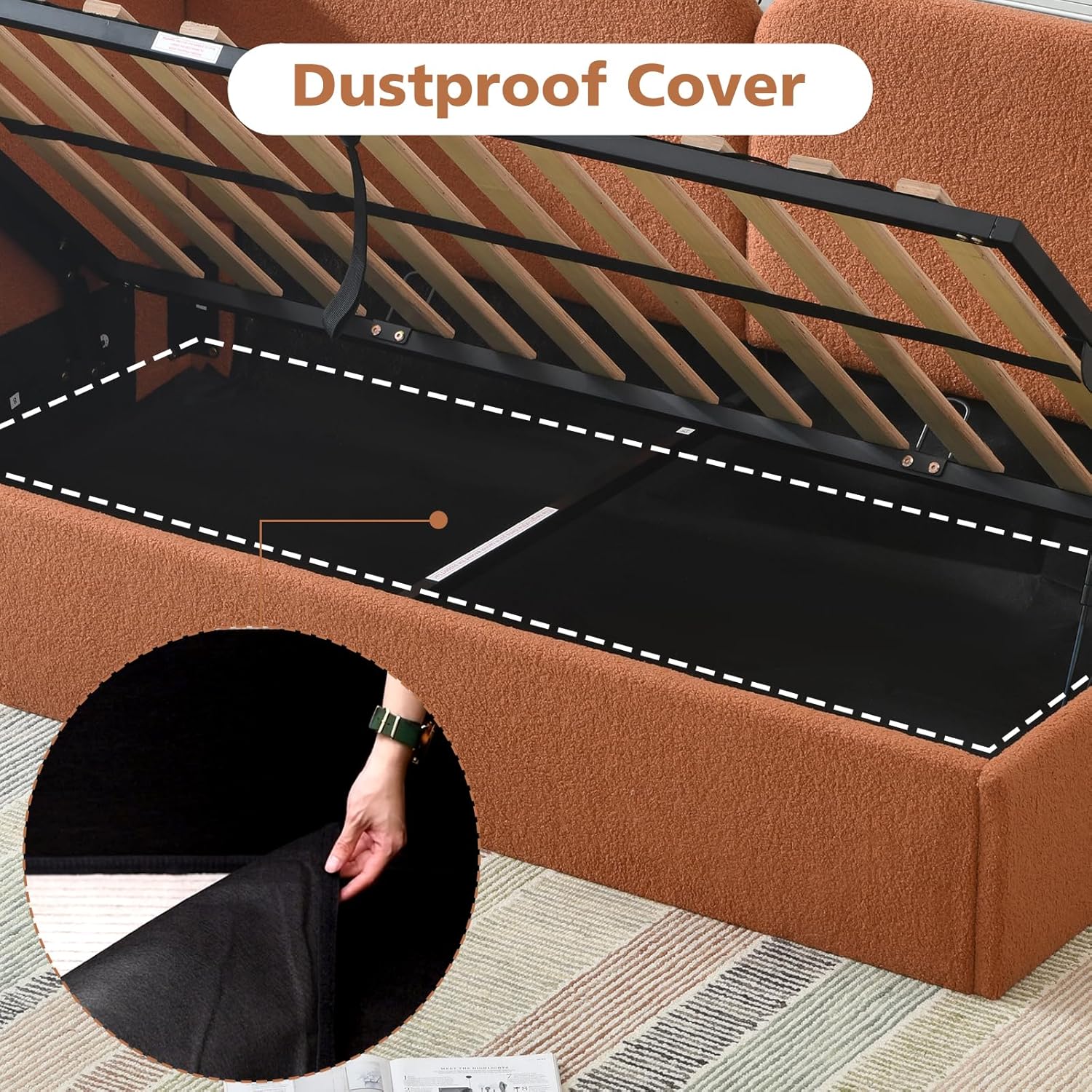 VELOCAVA Twin Size Upholstered Daybed with Lift-Up Storage, Orange Boucle Textured Corner Bed with Reversible Armrest and L-Shaped Design, Under-Bed Gas Lift Storage for Bedroom or Apartment - Image 4