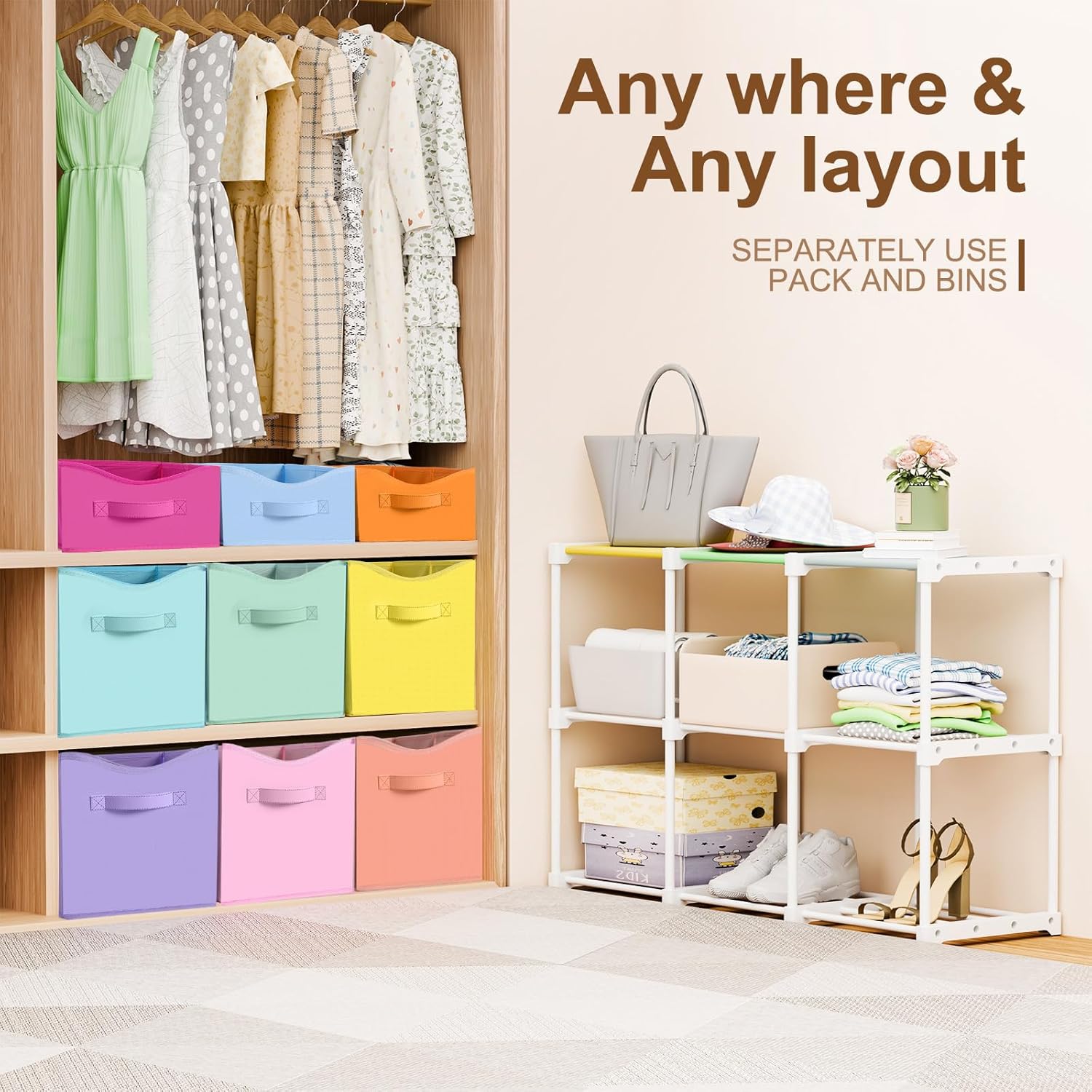 Fiwochic 9 Cube Storage Organizer Shelf with Storage Bins and Label, 11 Inch Toy Cube Bins Clothes Closet Organizers Drawers Fabric Dresser for Living Room, Bedroom, Playroom, Dorm(Pastel) - Image 4