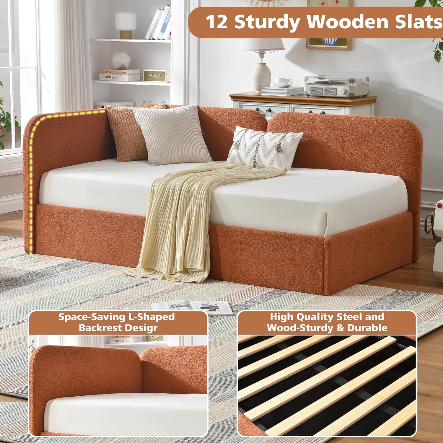 VELOCAVA Twin Size Upholstered Daybed with Lift-Up Storage, Orange Boucle Textured Corner Bed with Reversible Armrest and L-Shaped Design, Under-Bed Gas Lift Storage for Bedroom or Apartment - Image 5