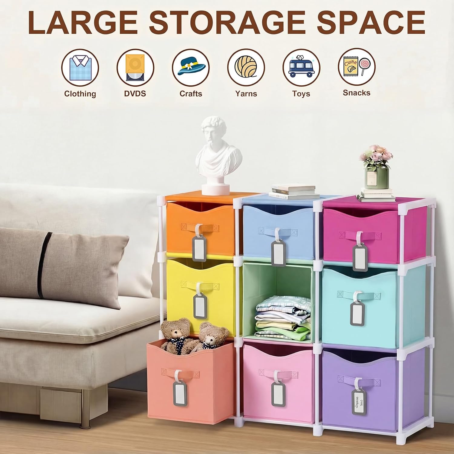 Fiwochic 9 Cube Storage Organizer Shelf with Storage Bins and Label, 11 Inch Toy Cube Bins Clothes Closet Organizers Drawers Fabric Dresser for Living Room, Bedroom, Playroom, Dorm(Pastel) - Image 5