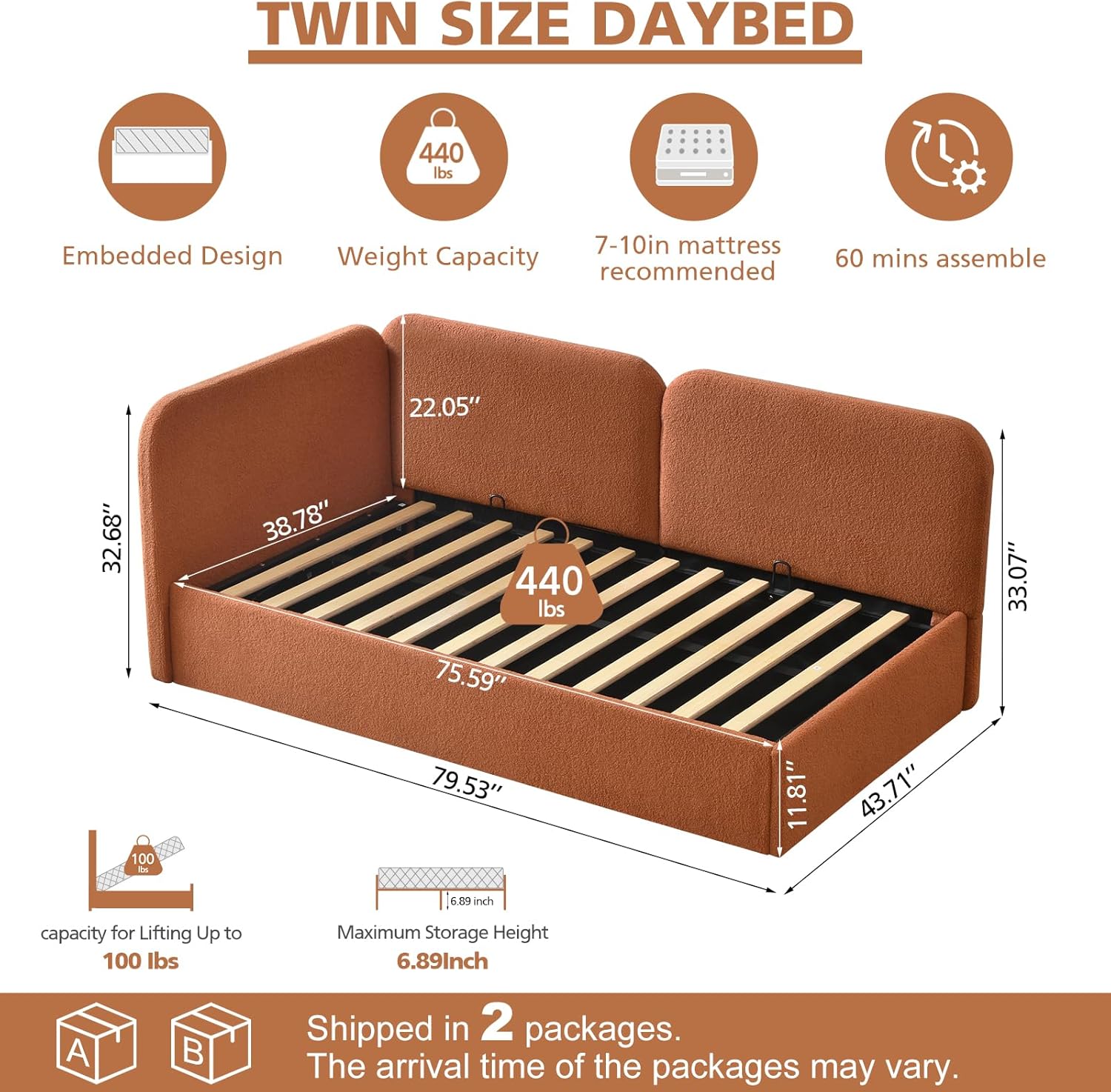 VELOCAVA Twin Size Upholstered Daybed with Lift-Up Storage, Orange Boucle Textured Corner Bed with Reversible Armrest and L-Shaped Design, Under-Bed Gas Lift Storage for Bedroom or Apartment - Image 6