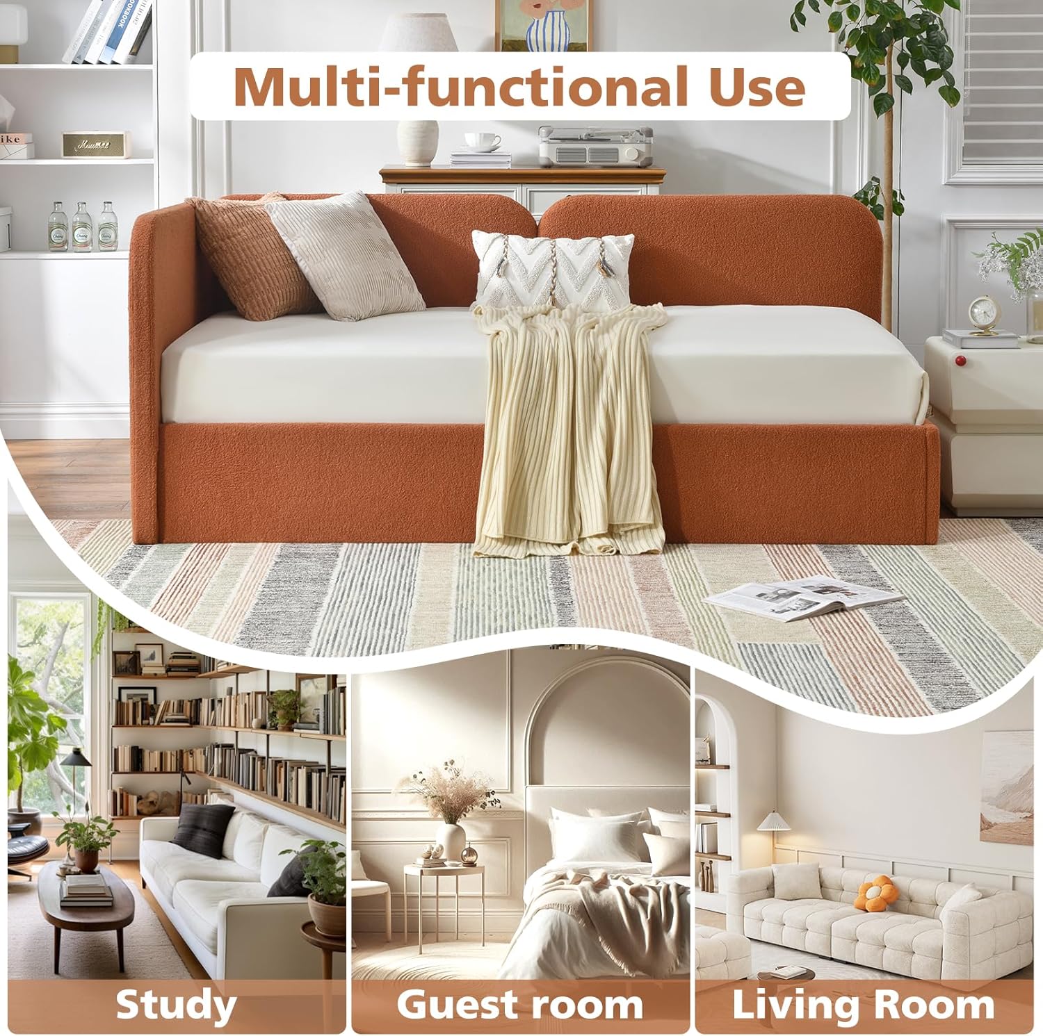 VELOCAVA Twin Size Upholstered Daybed with Lift-Up Storage, Orange Boucle Textured Corner Bed with Reversible Armrest and L-Shaped Design, Under-Bed Gas Lift Storage for Bedroom or Apartment - Image 7