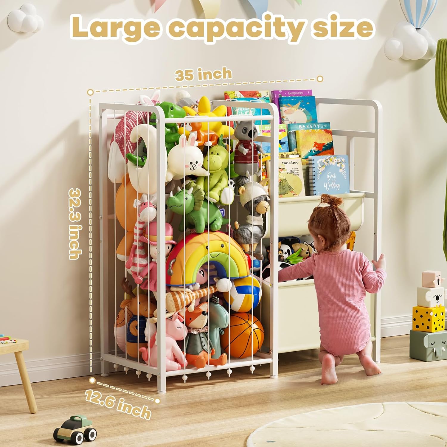 GUIBUKEYAN Kids Bookshelf and Toy Storage, 3 Tier Kids Book Shelf for Kid Rooms with Stuffed Animal Storage, Toy Storage Organizer, Stuffed Animals Zoo Storage Cage for Bedroom, Nursery, Playroom